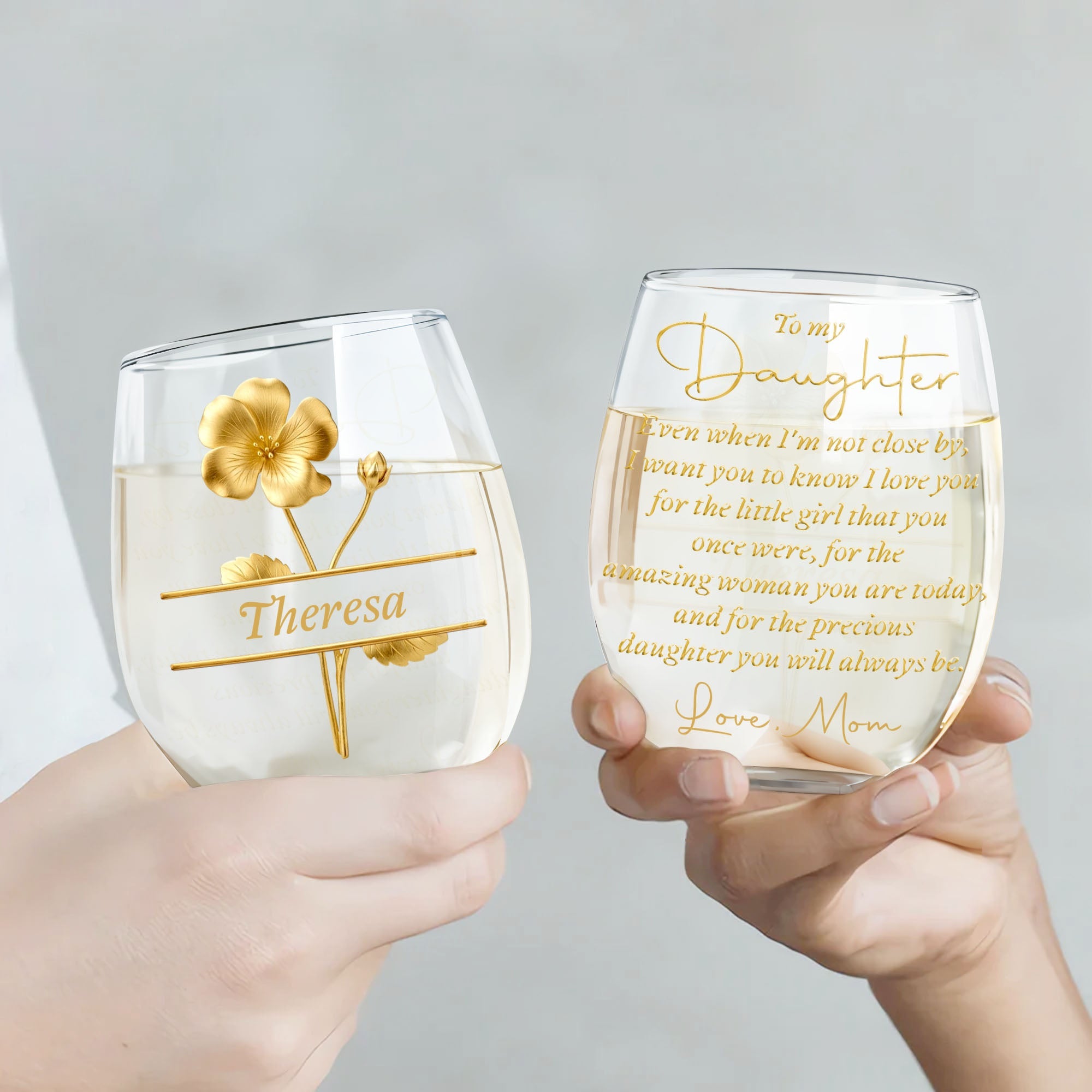 Personalized Wine Glass Gift for Daughter with Gold Flower Design Wine Glasses GradoCreations