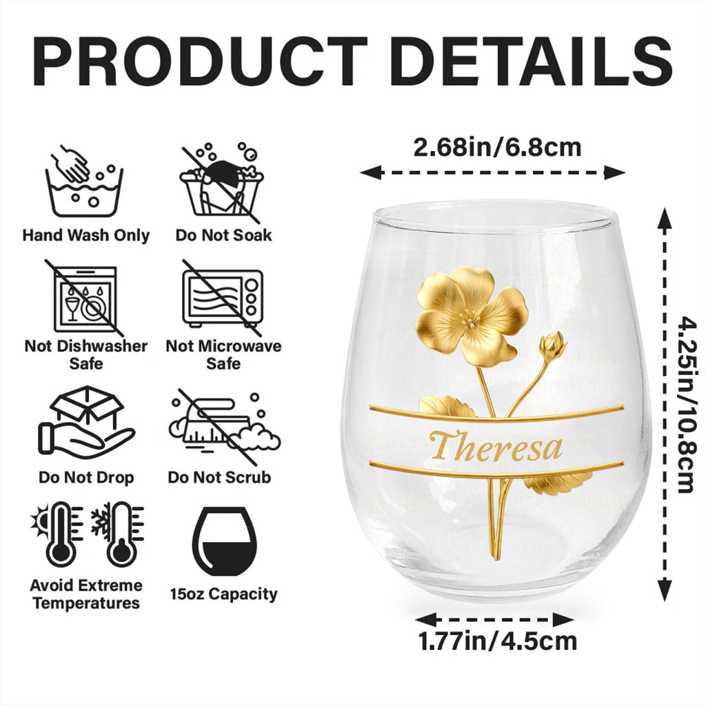 Personalized Wine Glass Gift for Daughter with Gold Flower Design Wine Glasses GradoCreations