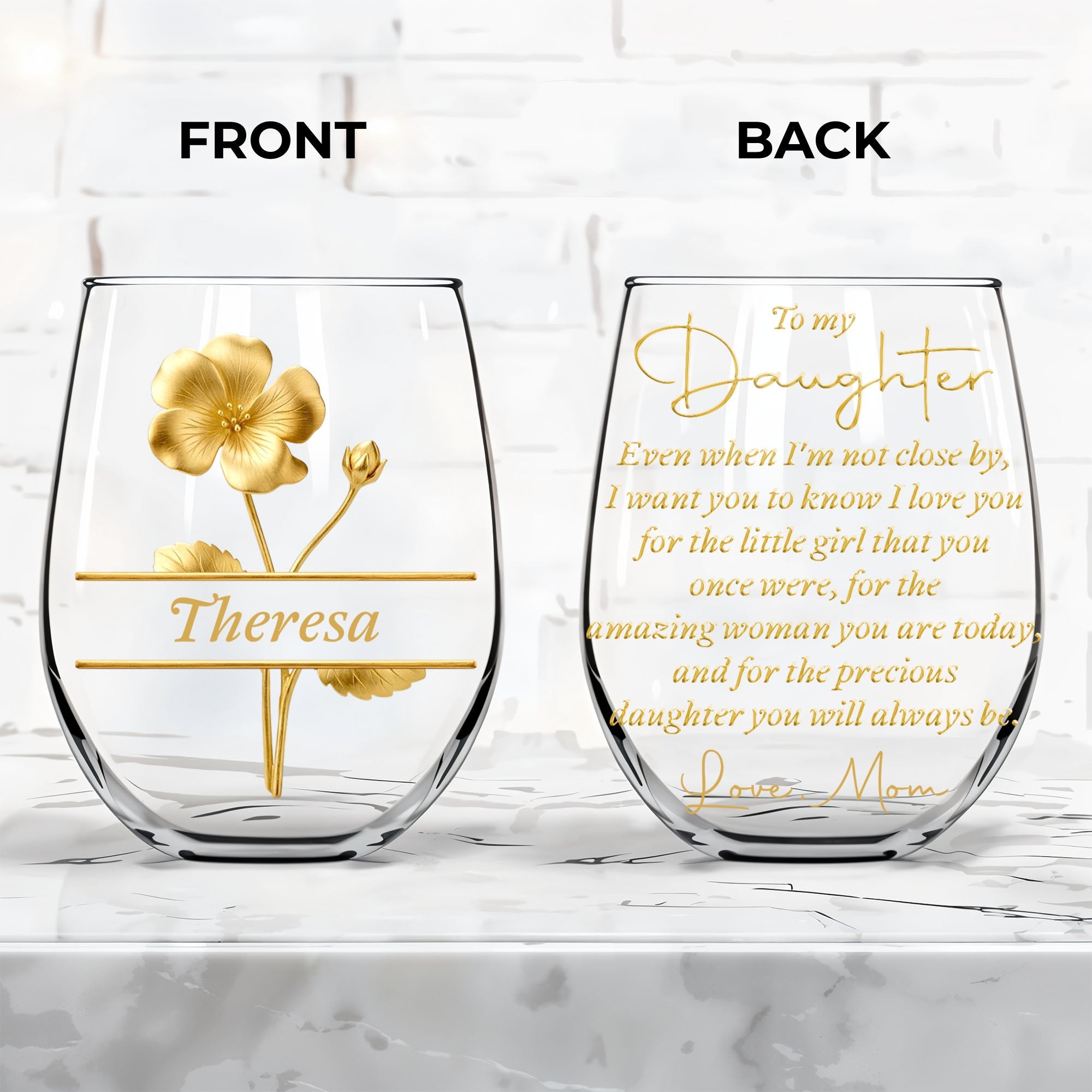 Personalized Wine Glass Gift for Daughter with Gold Flower Design Wine Glasses GradoCreations