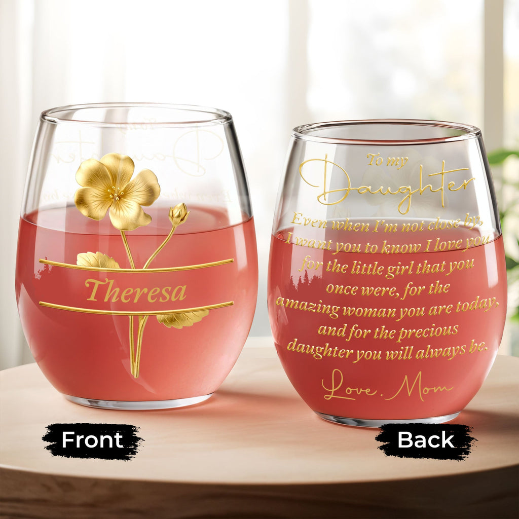 Personalized Wine Glass Gift for Daughter with Gold Flower Design Wine Glasses GradoCreations