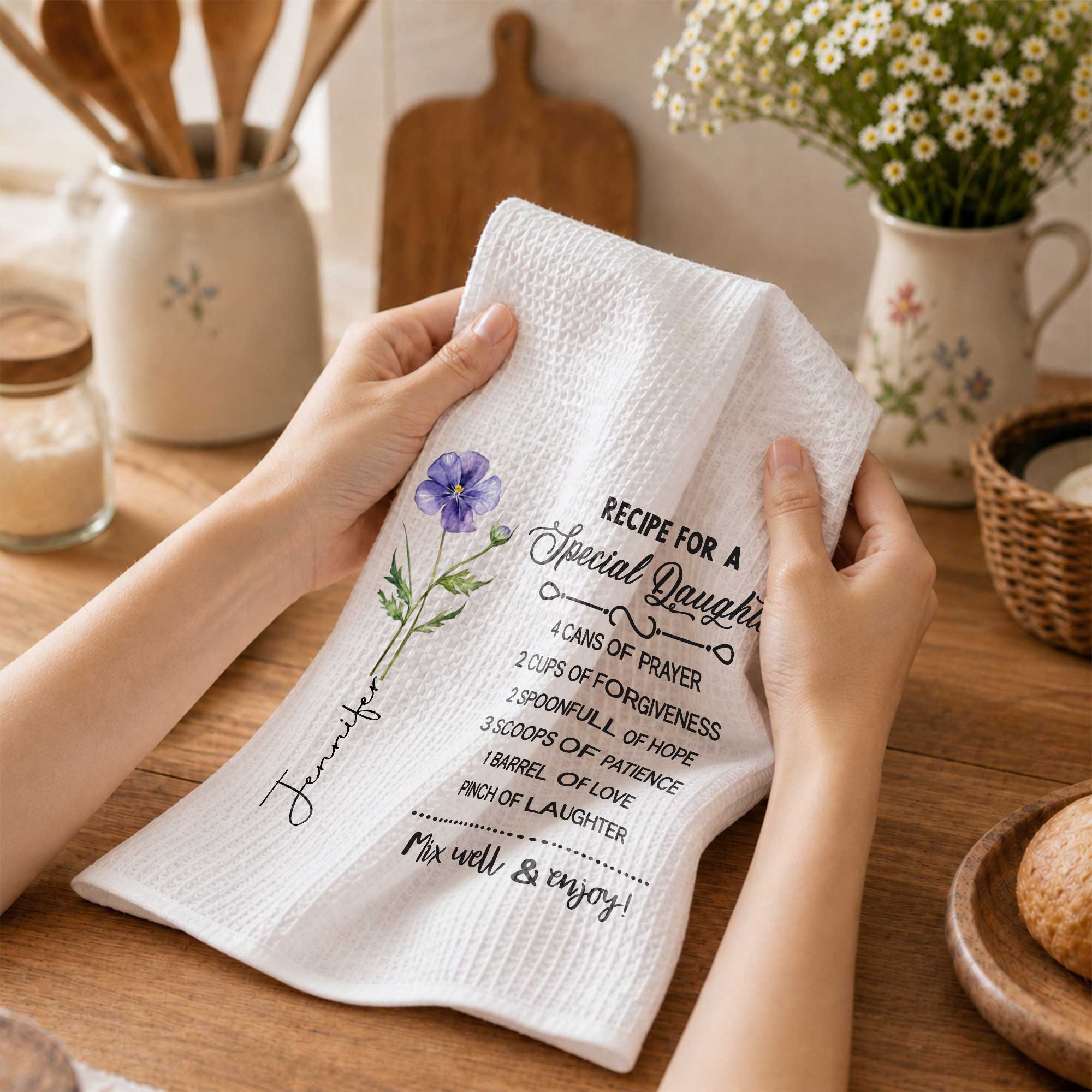 Personalized Kitchen Towel Special Daughter Birth Flower Gift Kitchen Towel GradoCreations