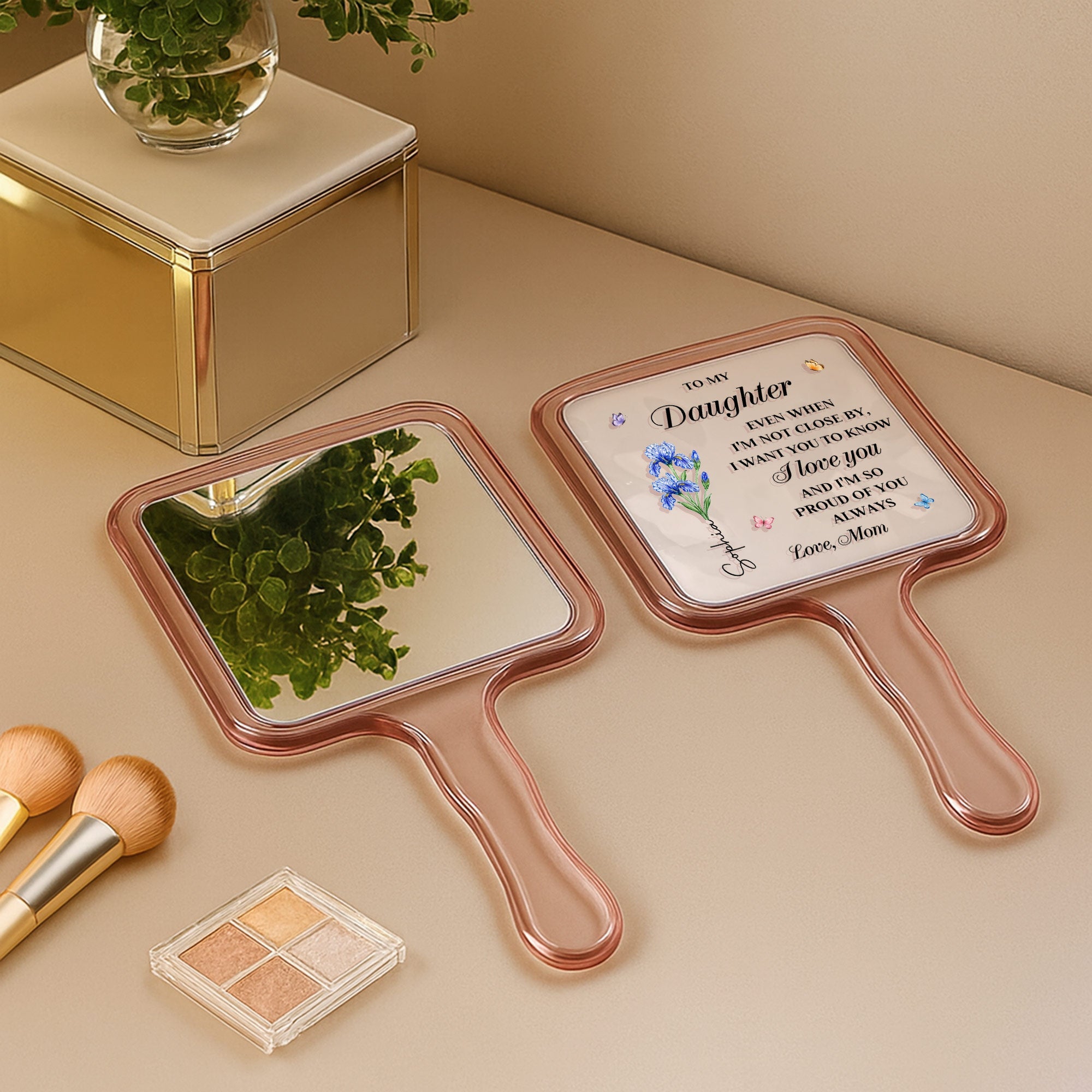 Personalized Handheld Mirror for Daughter with Flowers & Butterflies Handheld Mirror GradoCreations