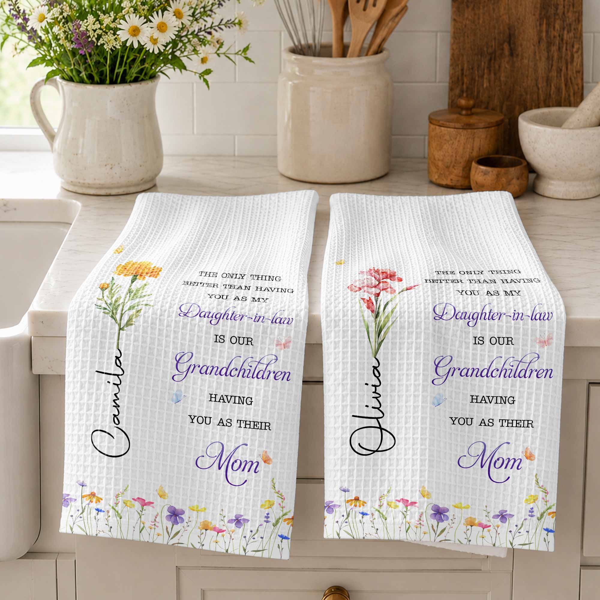 Personalized Kitchen Towel Custom Flower Gift for Daughter-in-Law Kitchen Towel GradoCreations