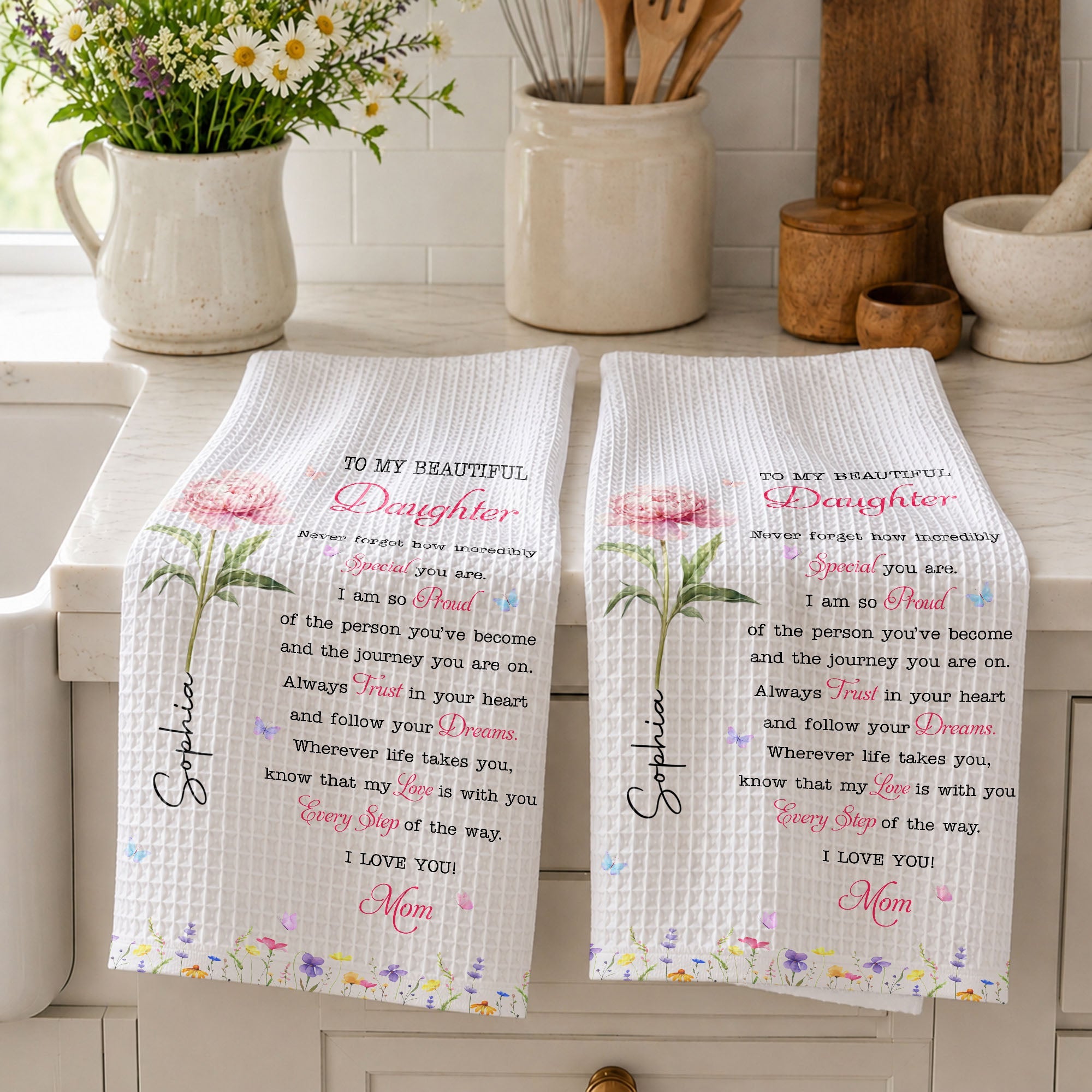 Personalized Kitchen Towel Gift for Daughter with Flowers & Butterflies Kitchen Towel GradoCreations
