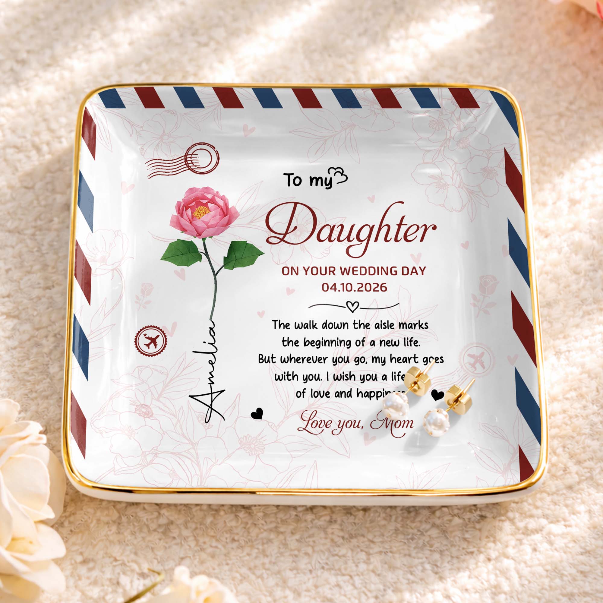 Personalized Jewelry Dish for Daughter Wedding Day Gift - Ceramic with Rose Design