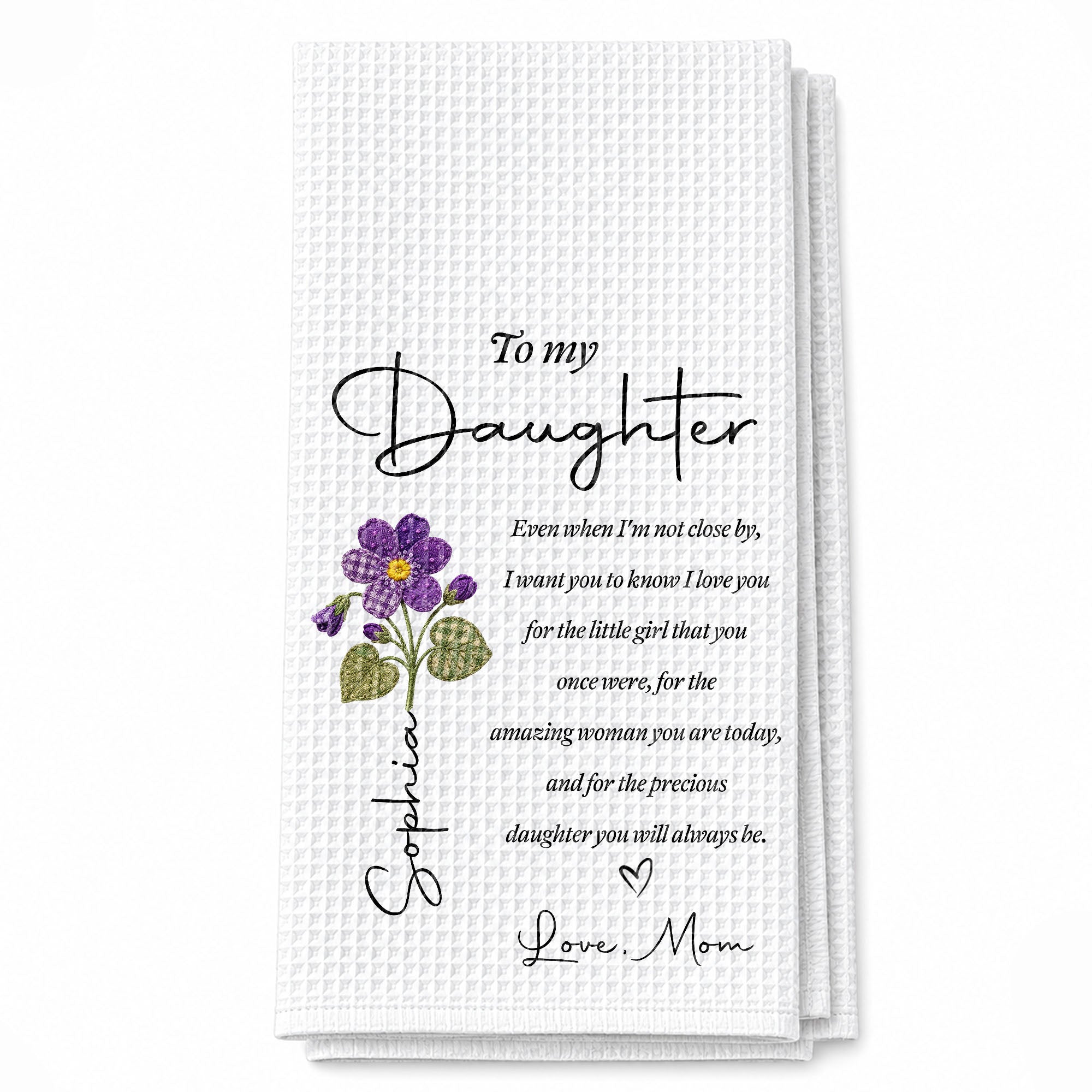 Personalized Kitchen Towel for Daughter with Flower Heart Design Kitchen Towel GradoCreations