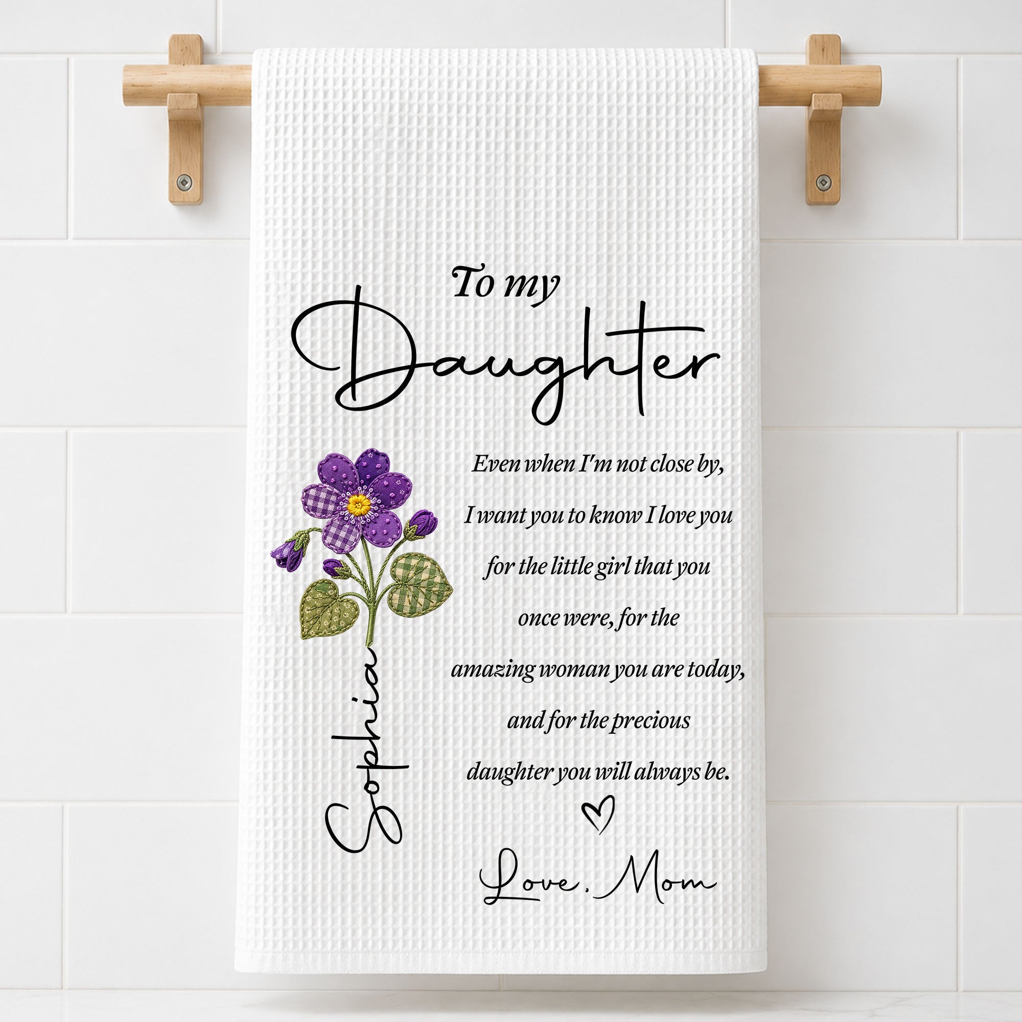 Personalized Kitchen Towel for Daughter with Flower Heart Design Kitchen Towel GradoCreations