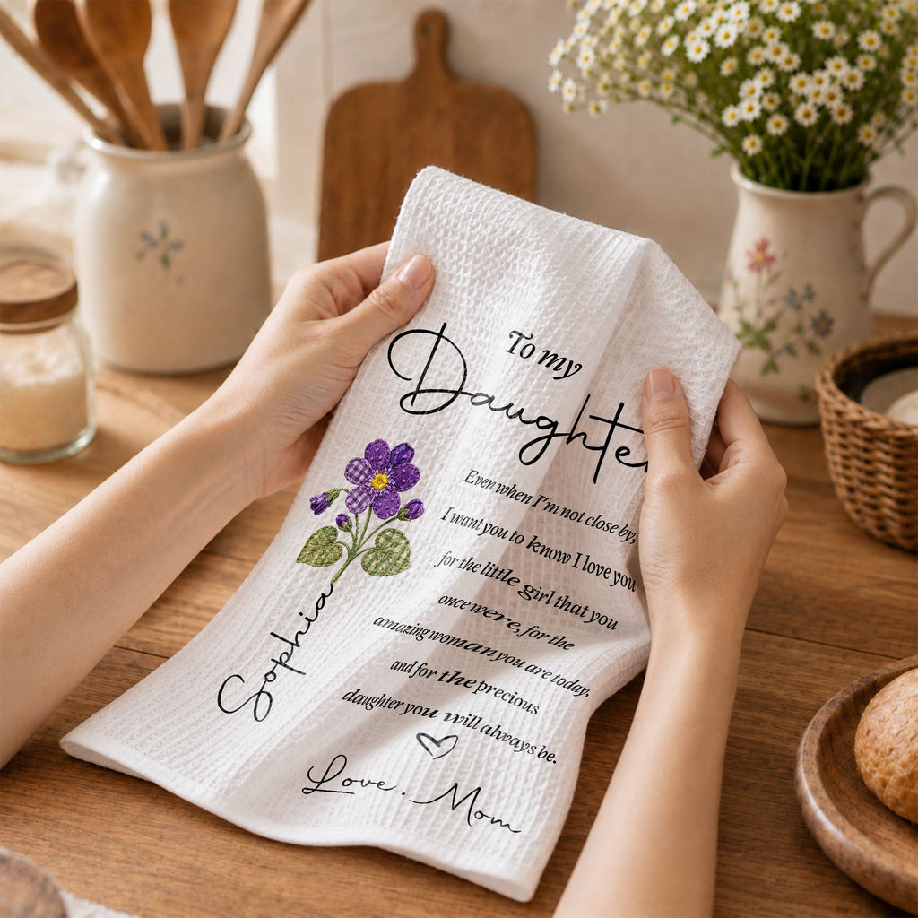 Personalized Kitchen Towel for Daughter with Flower Heart Design Kitchen Towel GradoCreations