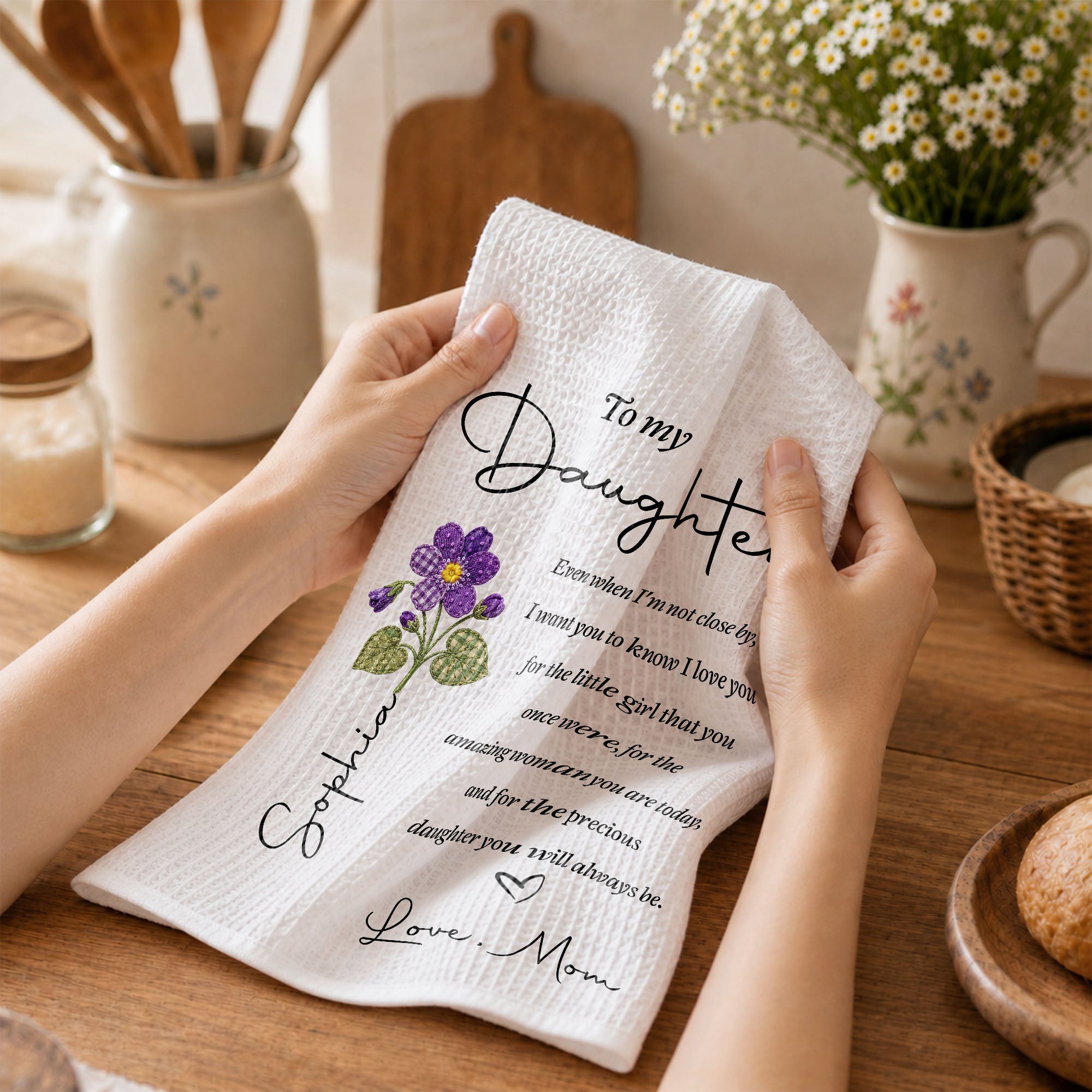 Personalized Kitchen Towel for Daughter with Flower Heart Design Kitchen Towel GradoCreations