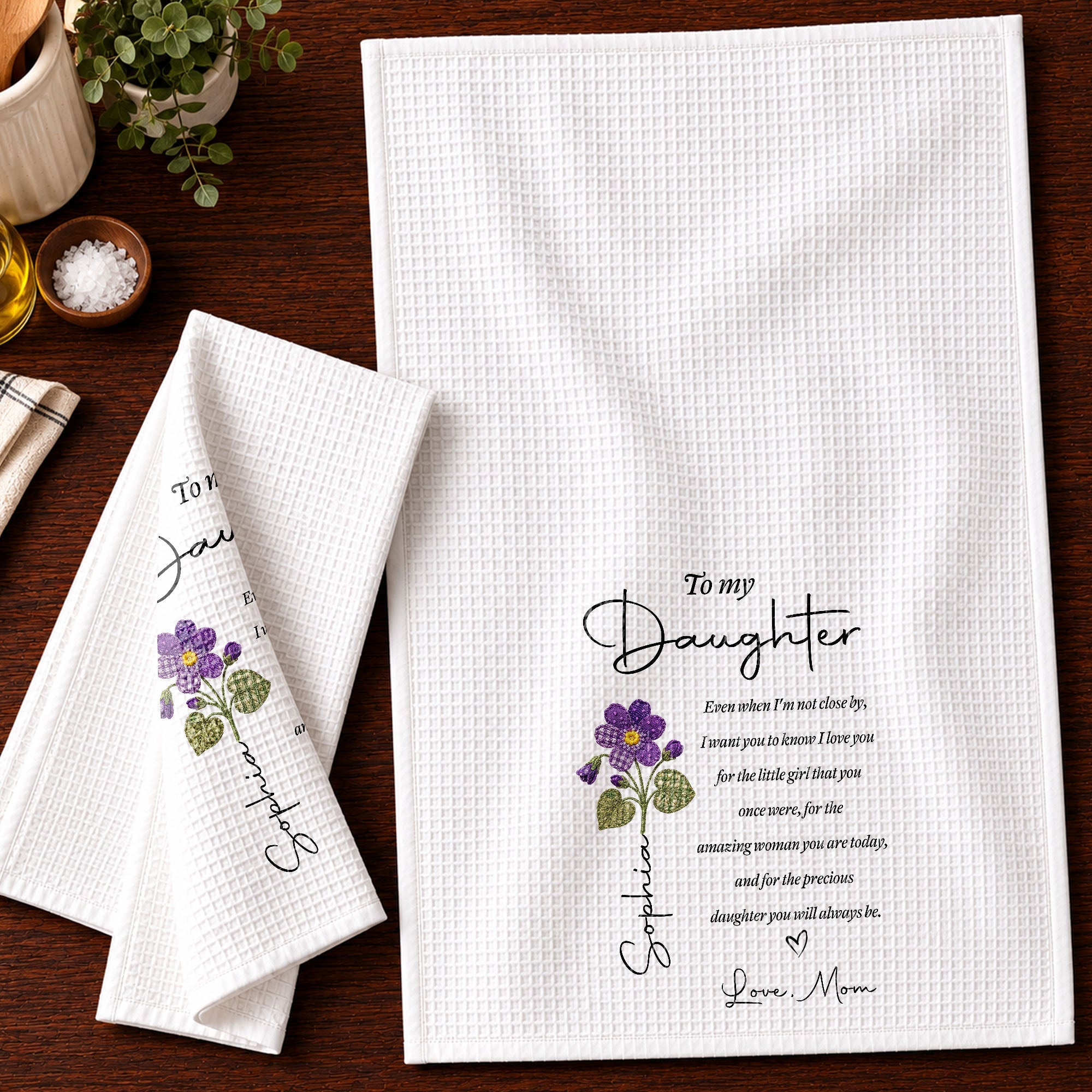 Personalized Kitchen Towel for Daughter with Flower Heart Design Kitchen Towel GradoCreations