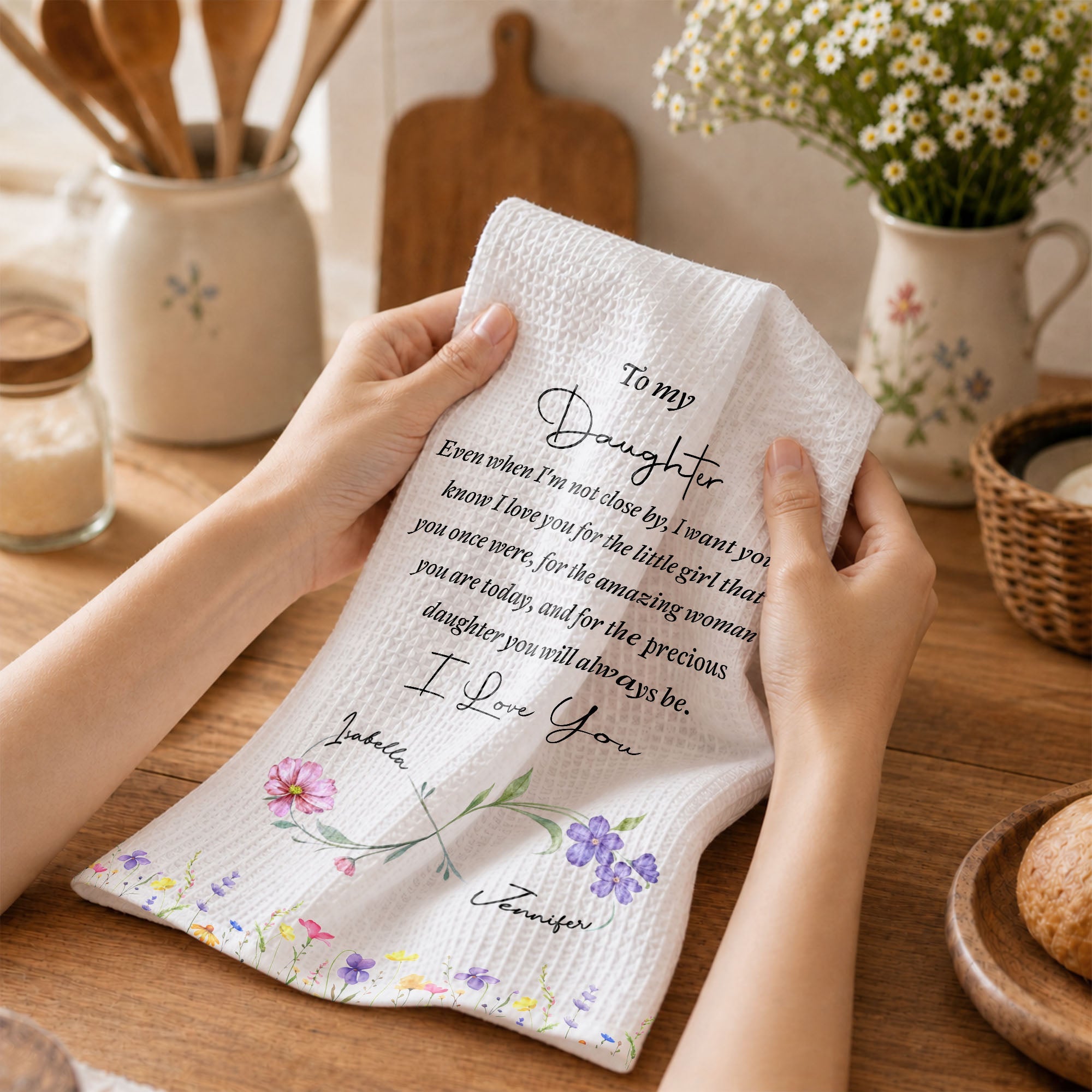 Personalized Kitchen Towel for Daughter with Birth Month Flower Gift Kitchen Towel GradoCreations