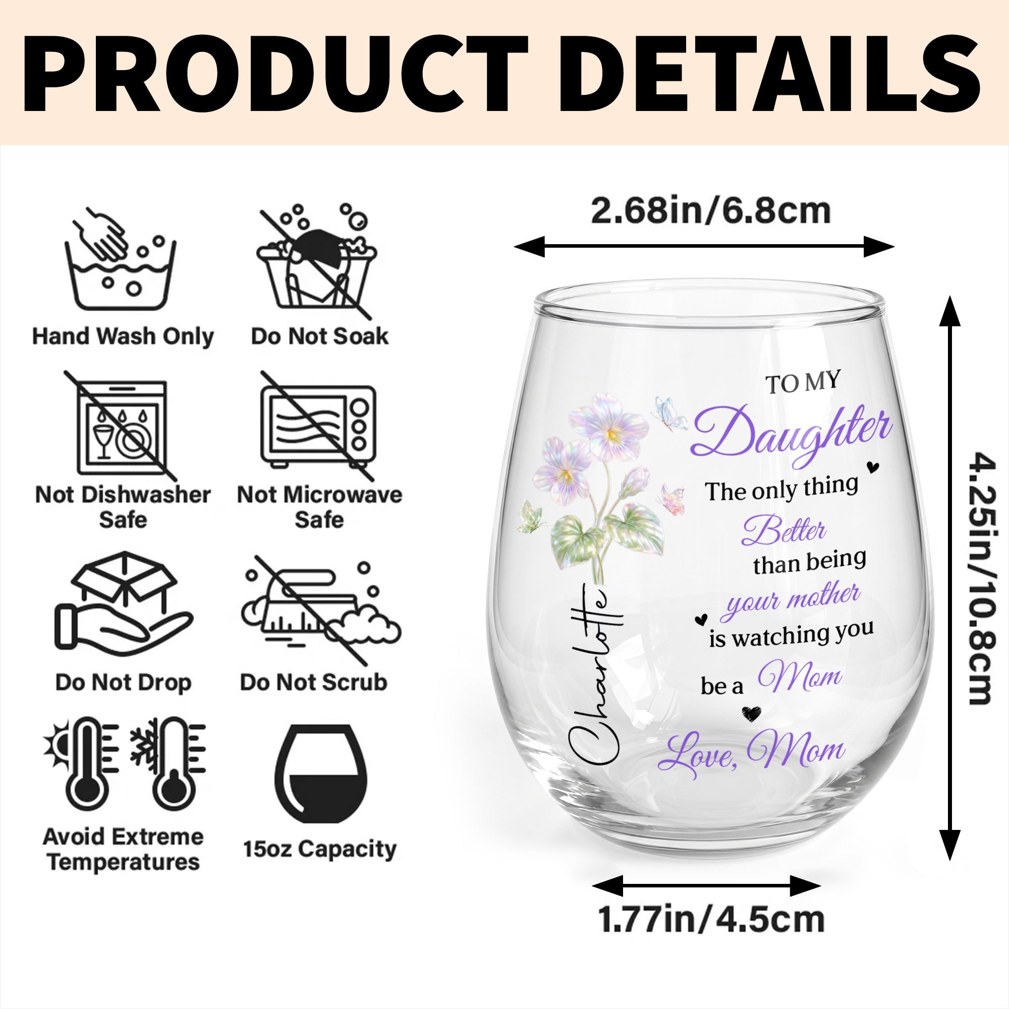 Personalized Stemless Wine Glass Custom Name Gift for Daughter Wine Glasses GradoCreations