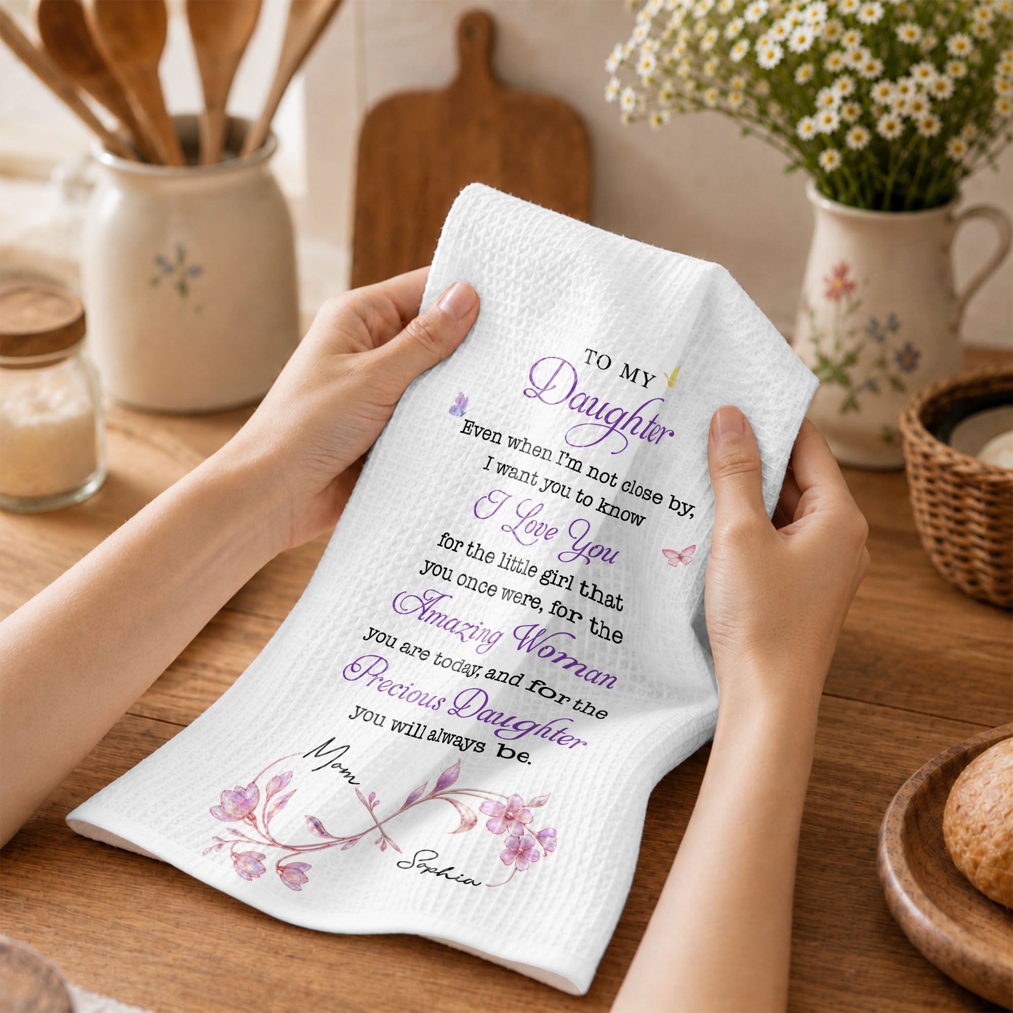 Personalized Kitchen Towel for Daughter Infinity Flowers Gift Kitchen Towel GradoCreations
