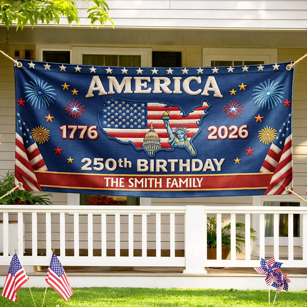 Personalized Faux Embroidery 250th Birthday Banner USA Family Name