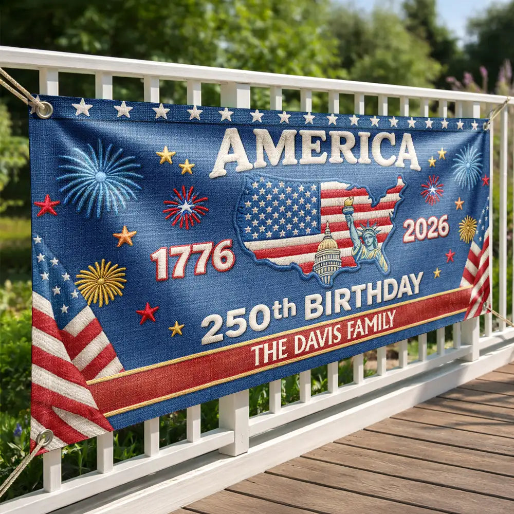 Personalized Faux Embroidery 250th Birthday Banner USA Family Name