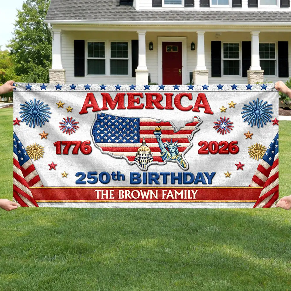 Personalized Faux Embroidery 250th Birthday Banner USA Family Name