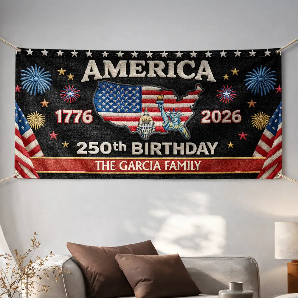 Personalized Faux Embroidery 250th Birthday Banner USA Family Name