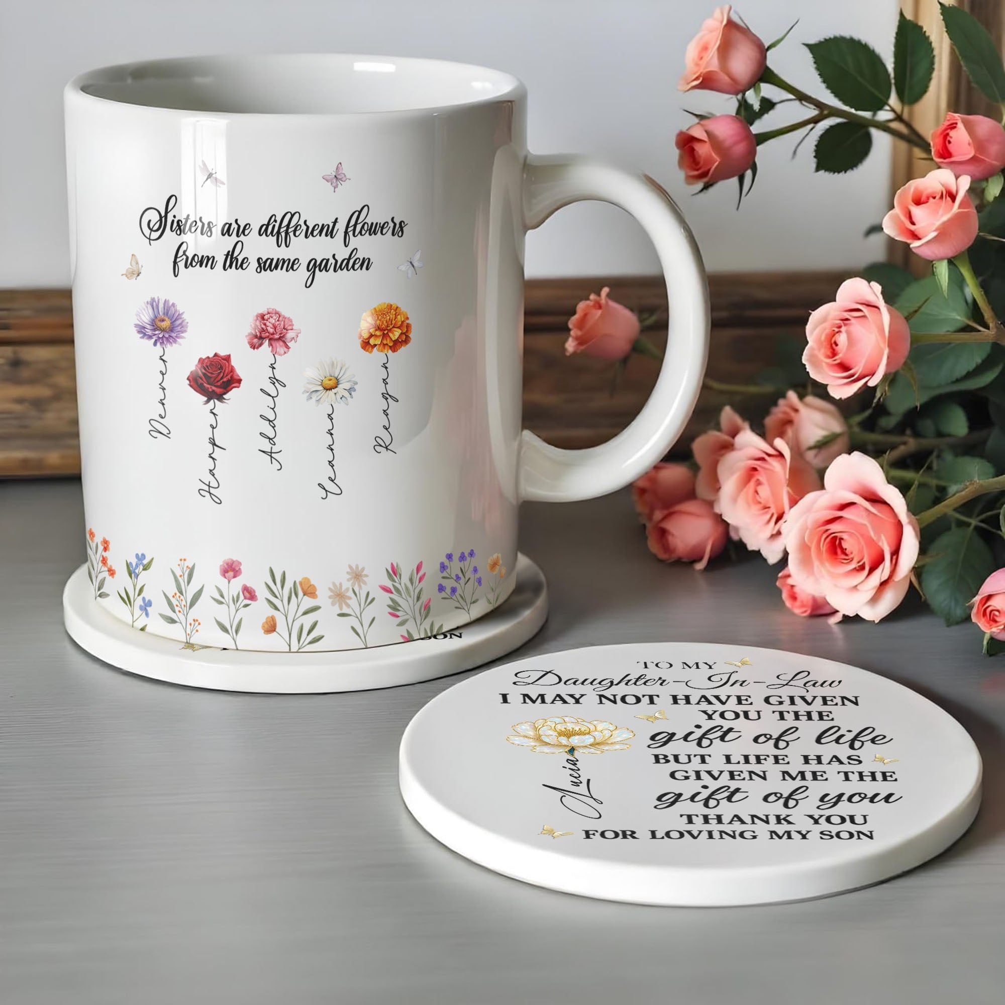 Personalized Flower Ceramic Coaster Gift for Daughter-in-Law Ceramic Coaster GradoCreations
