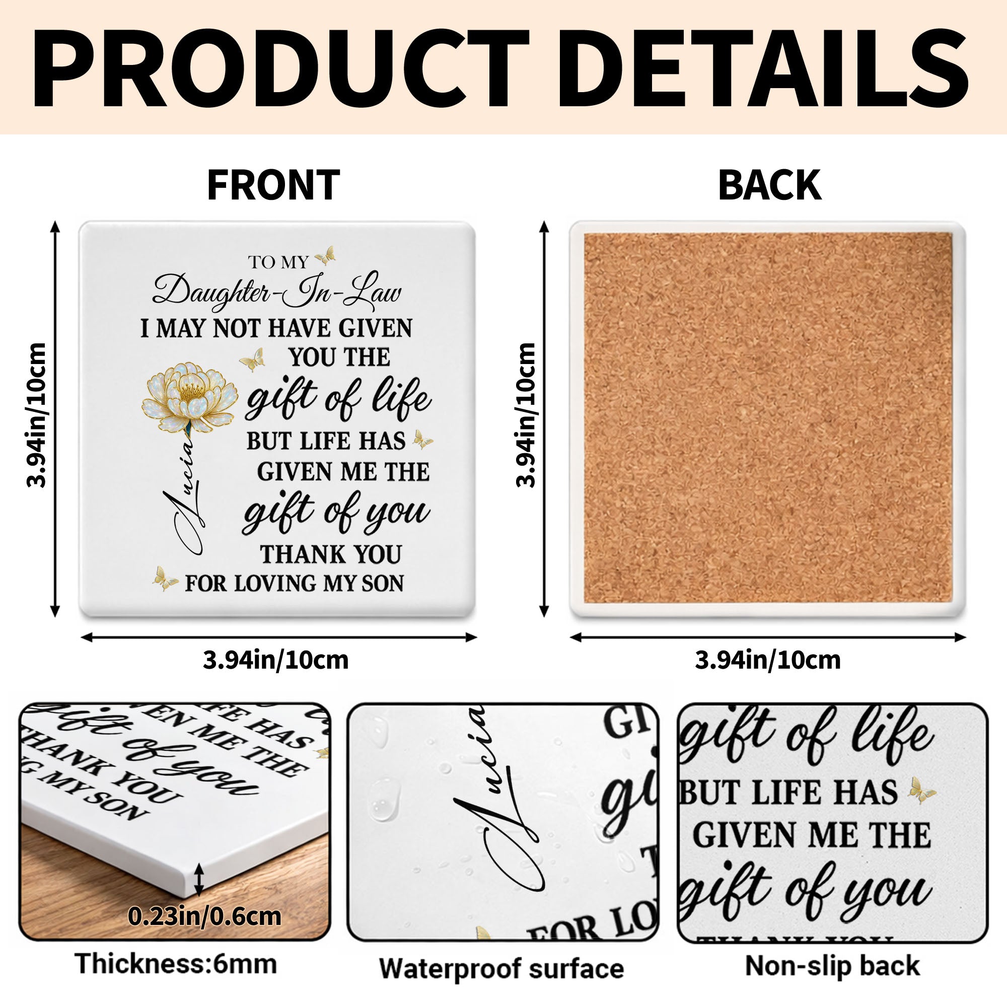 Personalized Ceramic Coaster Custom Gift for Daughter-in-Law Square Ceramic Coaster GradoCreations
