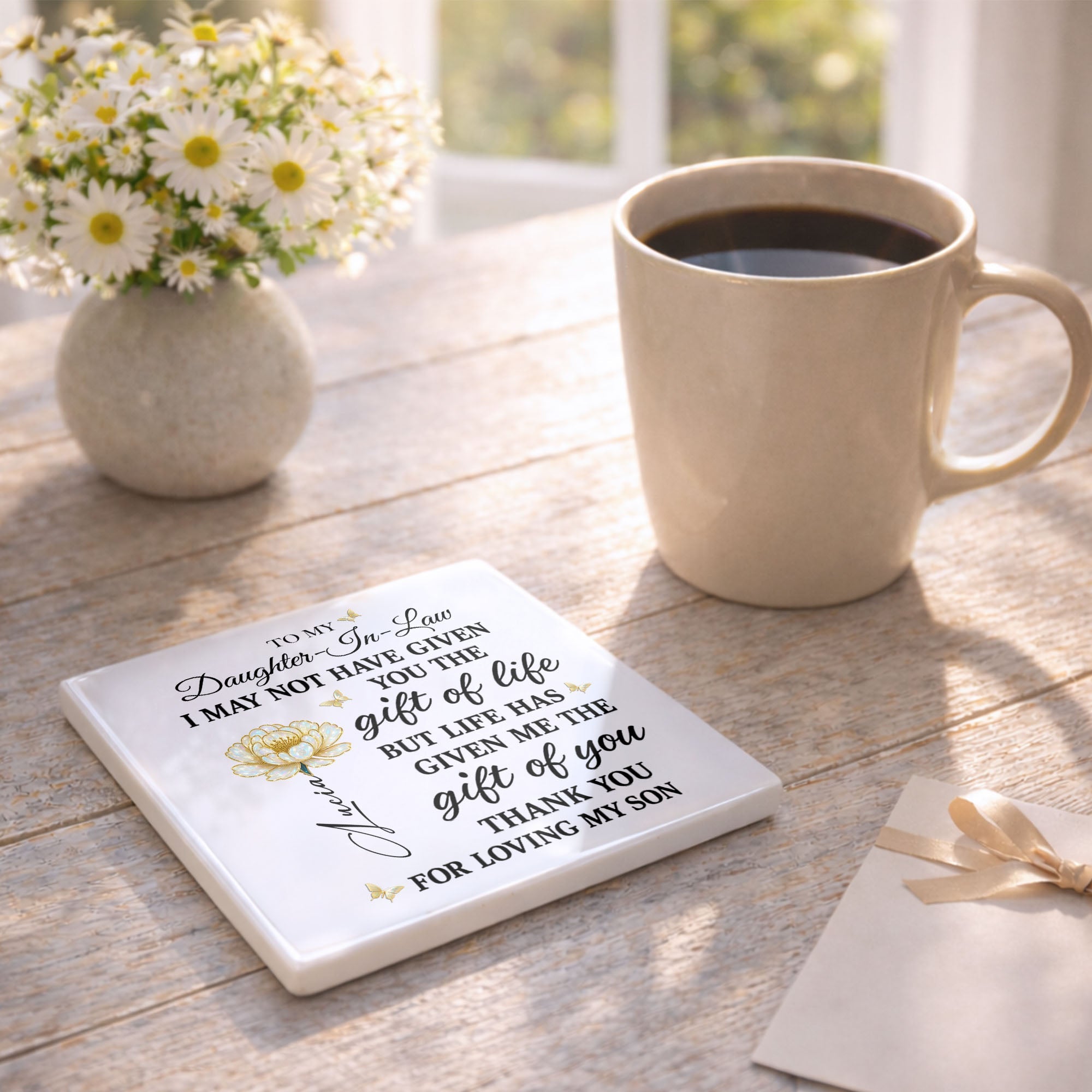 Personalized Ceramic Coaster Custom Gift for Daughter-in-Law Square Ceramic Coaster GradoCreations