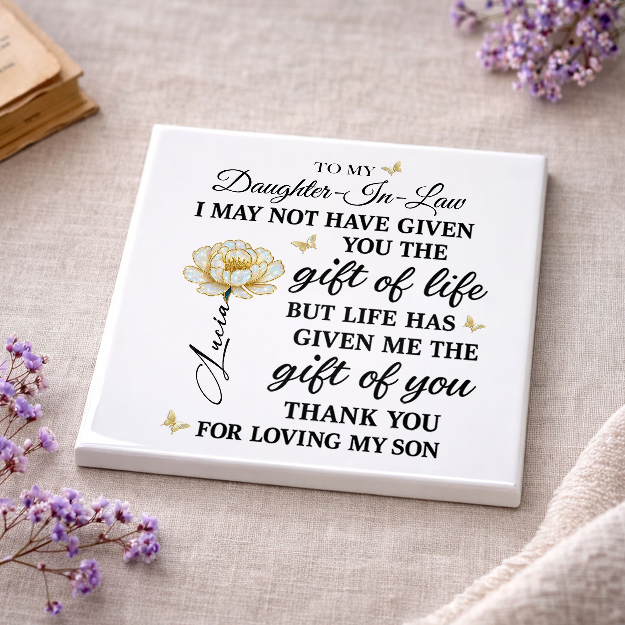 Personalized Ceramic Coaster Custom Gift for Daughter-in-Law Square Ceramic Coaster GradoCreations