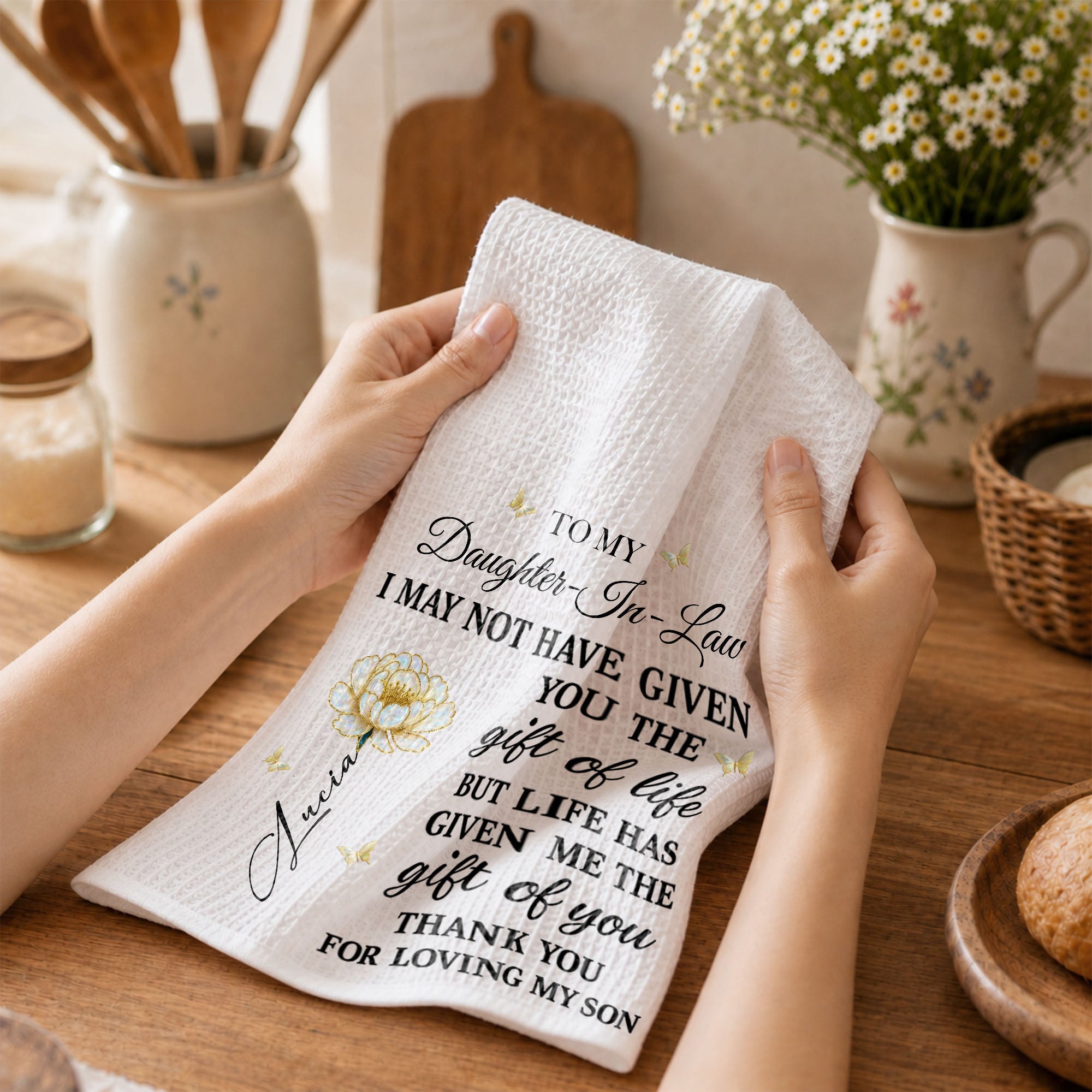 Personalized Kitchen Towel Custom Flower Gift for Daughter-in-Law Kitchen Towel GradoCreations