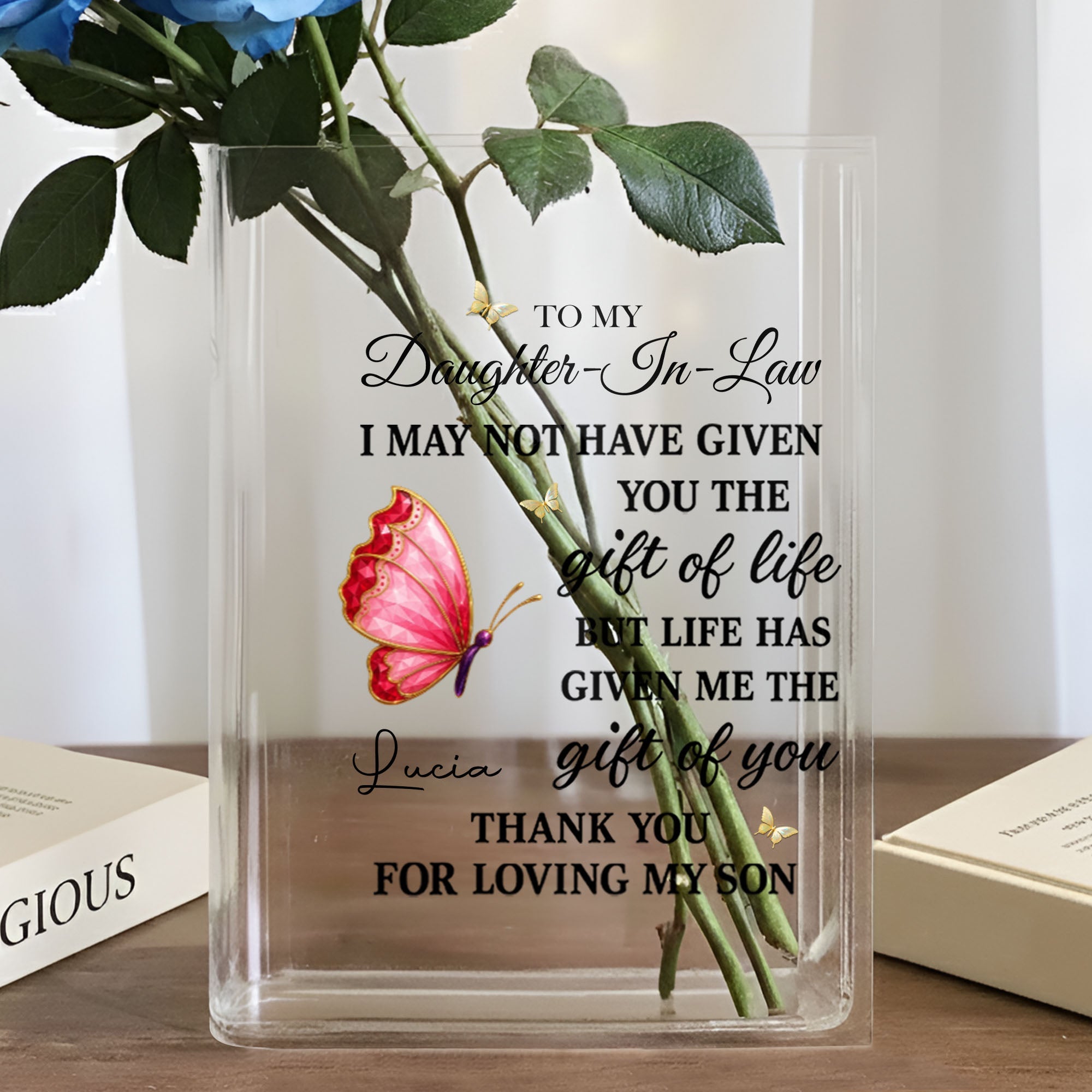 Personalized Acrylic Book Vase Gift for Daughter-In-Law with Butterflies Acrylic Book Vase GradoCreations