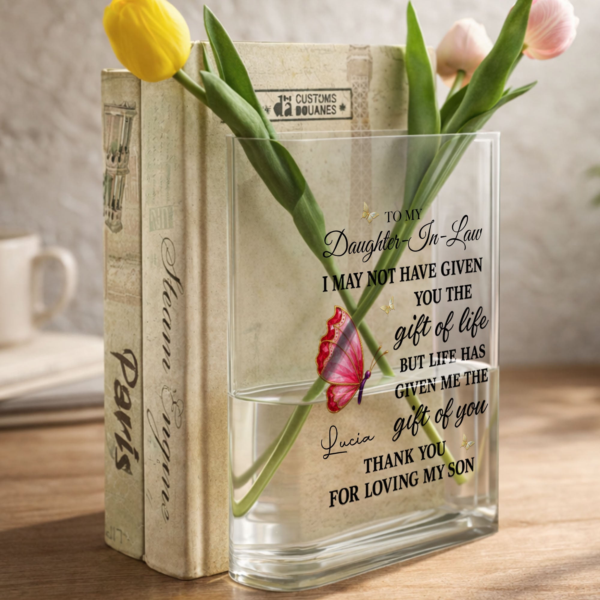 Personalized Acrylic Book Vase Gift for Daughter-In-Law with Butterflies Acrylic Book Vase GradoCreations