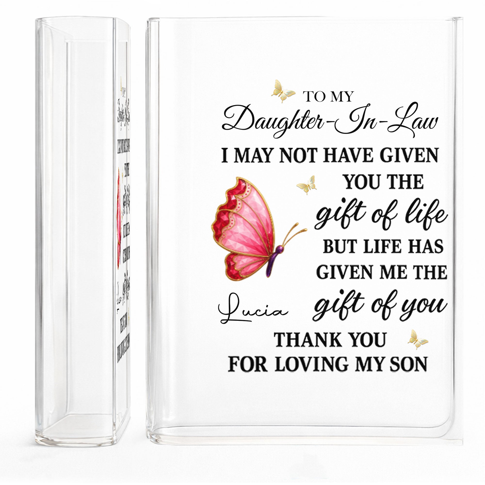 Personalized Acrylic Book Vase Gift for Daughter-In-Law with Butterflies Acrylic Book Vase GradoCreations