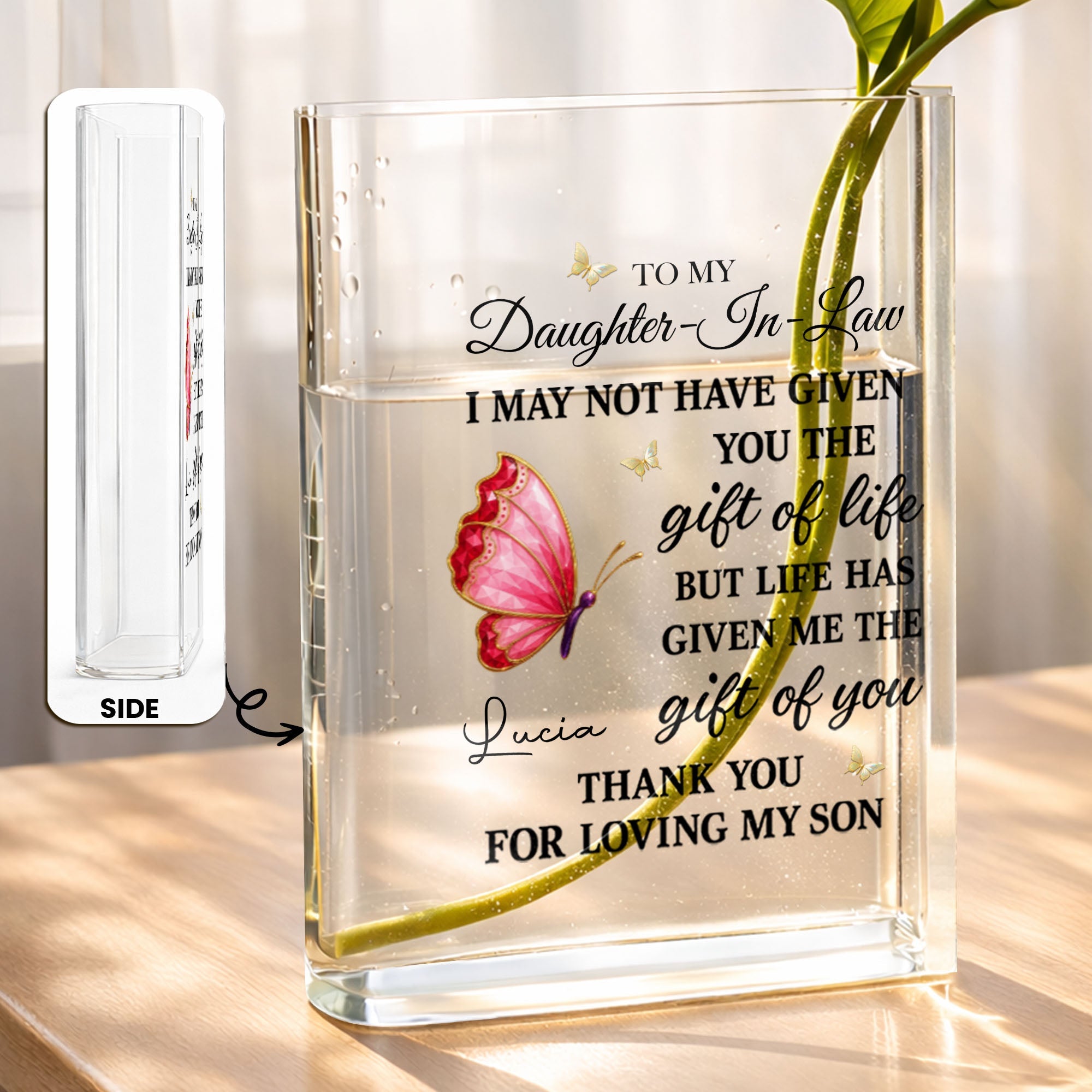 Personalized Acrylic Book Vase Gift for Daughter-In-Law with Butterflies Acrylic Book Vase GradoCreations