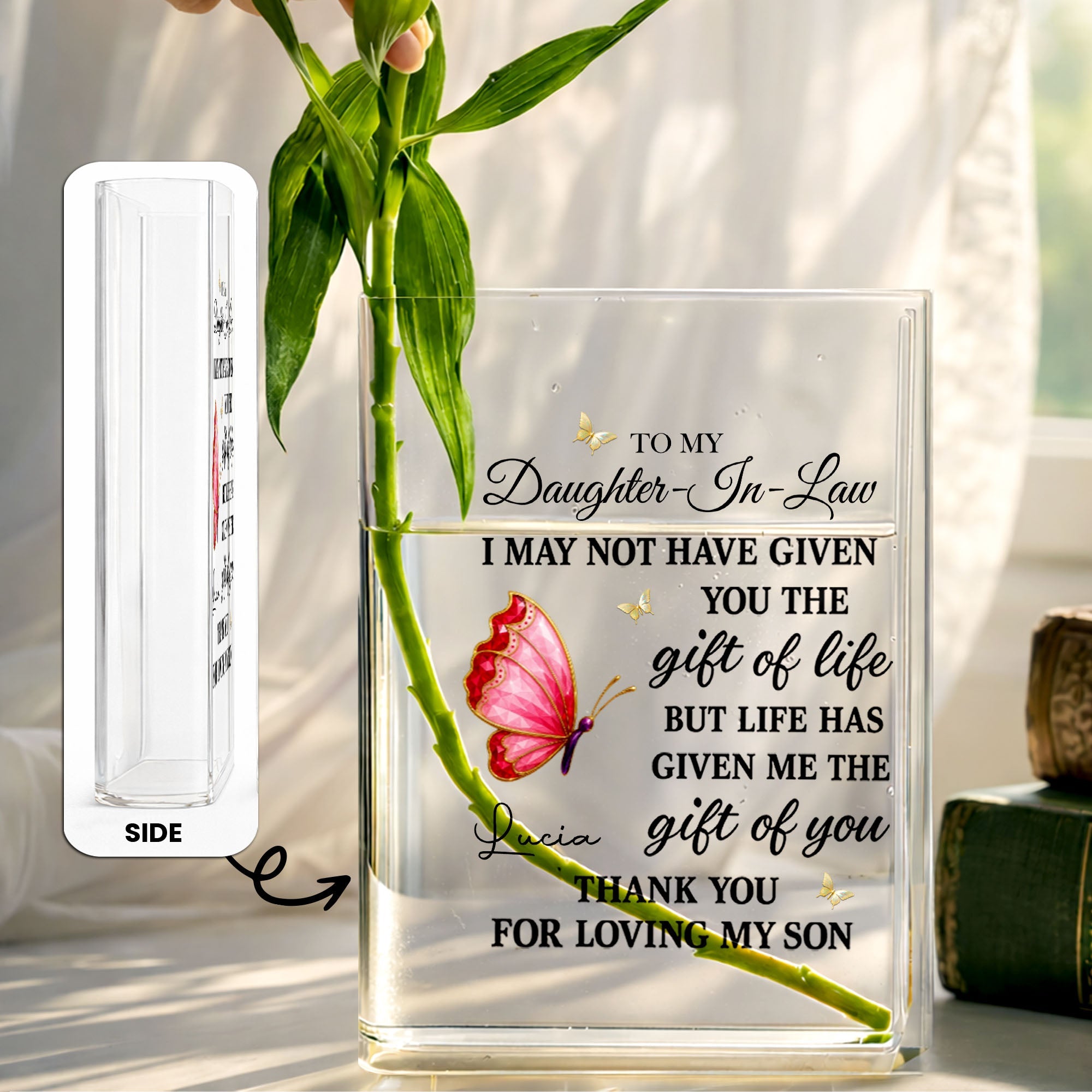 Personalized Acrylic Book Vase Gift for Daughter-In-Law with Butterflies Acrylic Book Vase GradoCreations