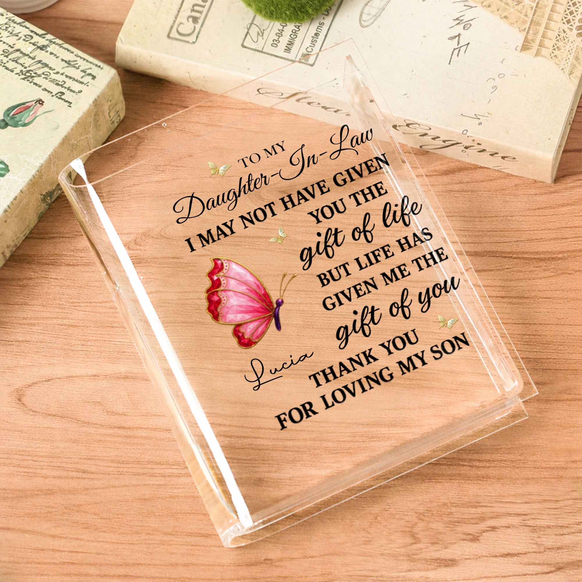 Personalized Acrylic Book Vase Gift for Daughter-In-Law with Butterflies Acrylic Book Vase GradoCreations