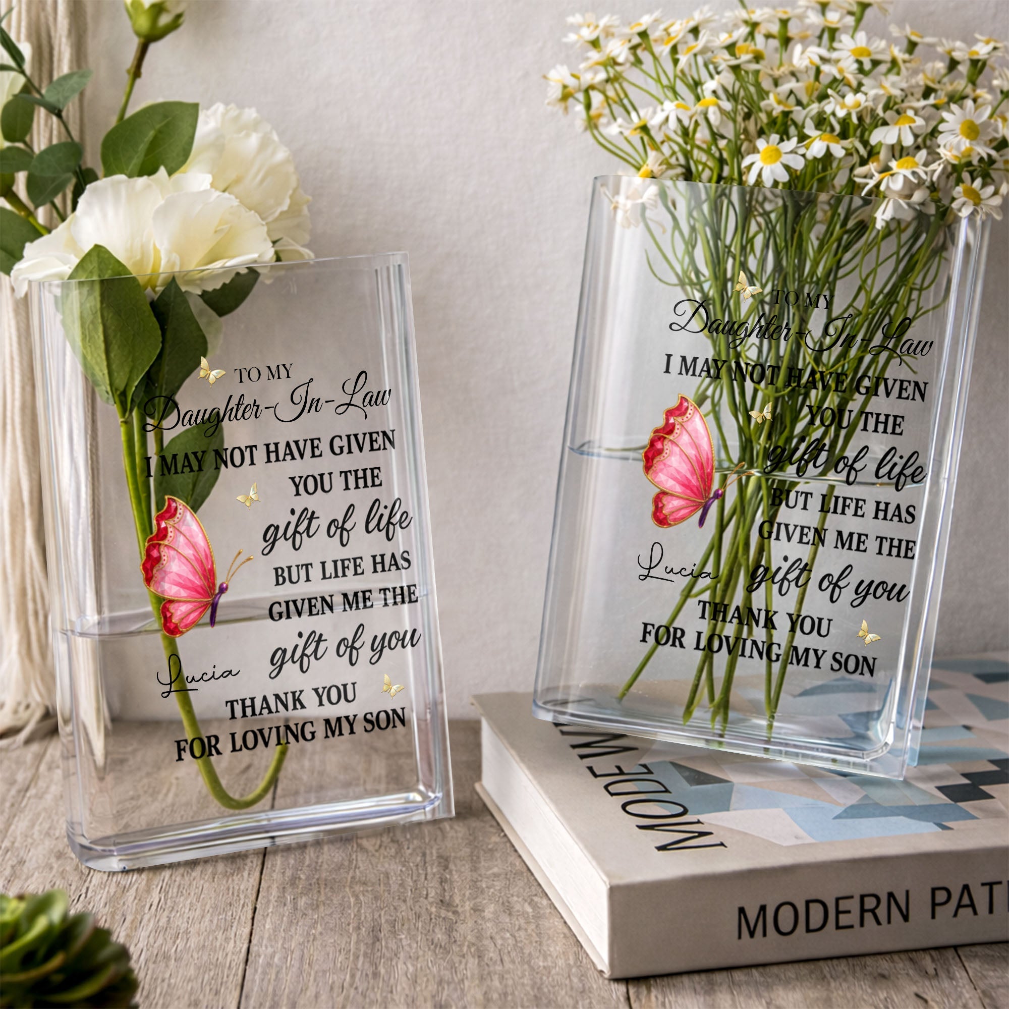 Personalized Acrylic Book Vase Gift for Daughter-In-Law with Butterflies Acrylic Book Vase GradoCreations