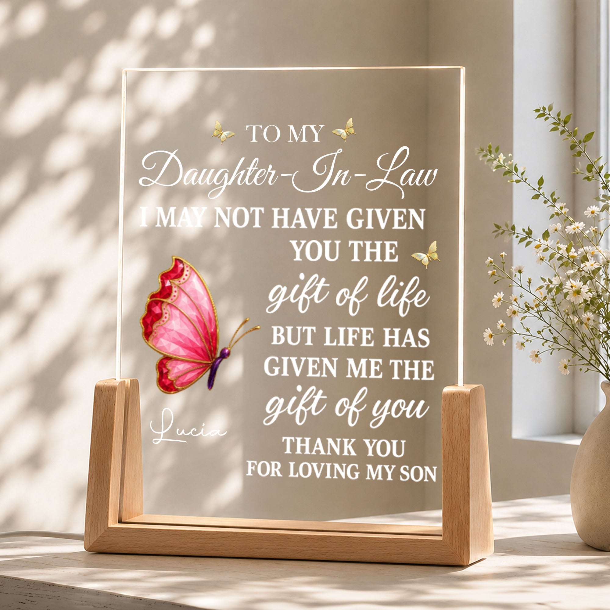 Personalized Acrylic Night Light with Wooden Base Gift for Daughter-in-Law Wood and Acrylic Night Light GradoCreations