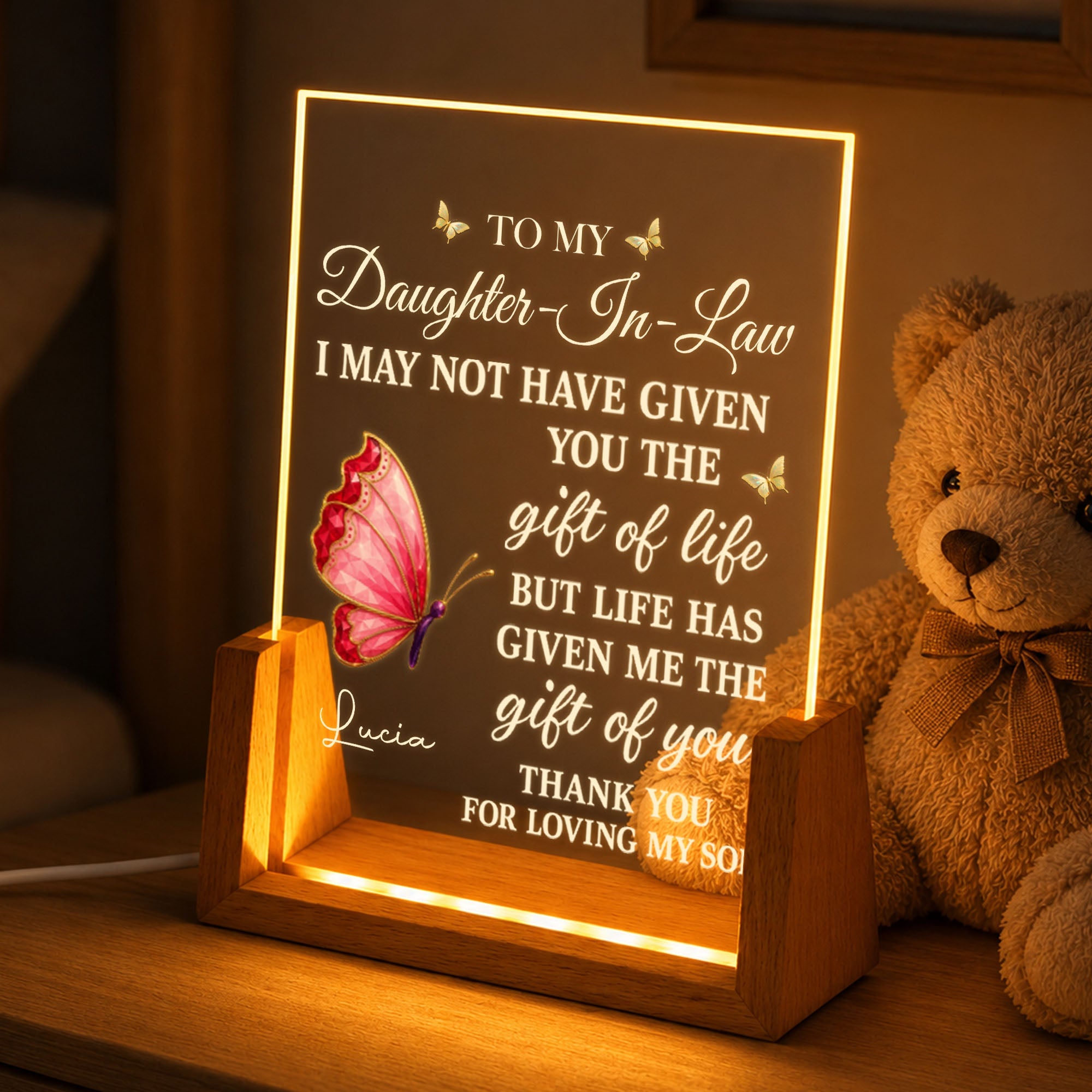 Personalized Acrylic Night Light with Wooden Base Gift for Daughter-in-Law Wood and Acrylic Night Light GradoCreations