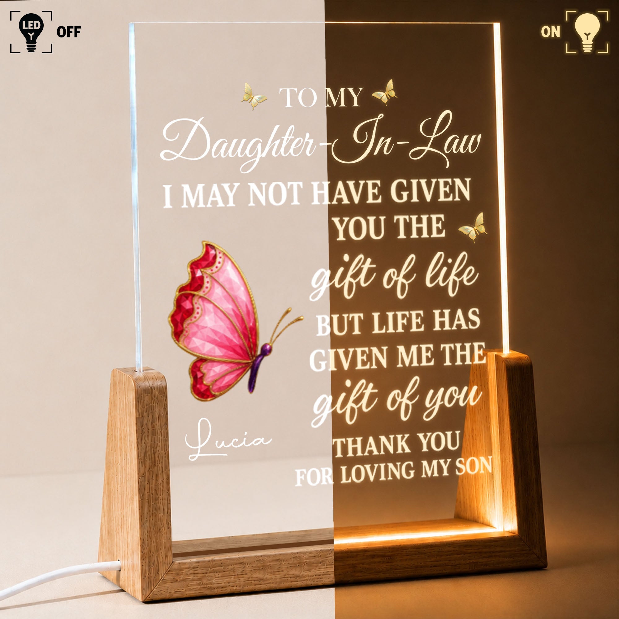 Personalized Acrylic Night Light with Wooden Base Gift for Daughter-in-Law Wood and Acrylic Night Light GradoCreations