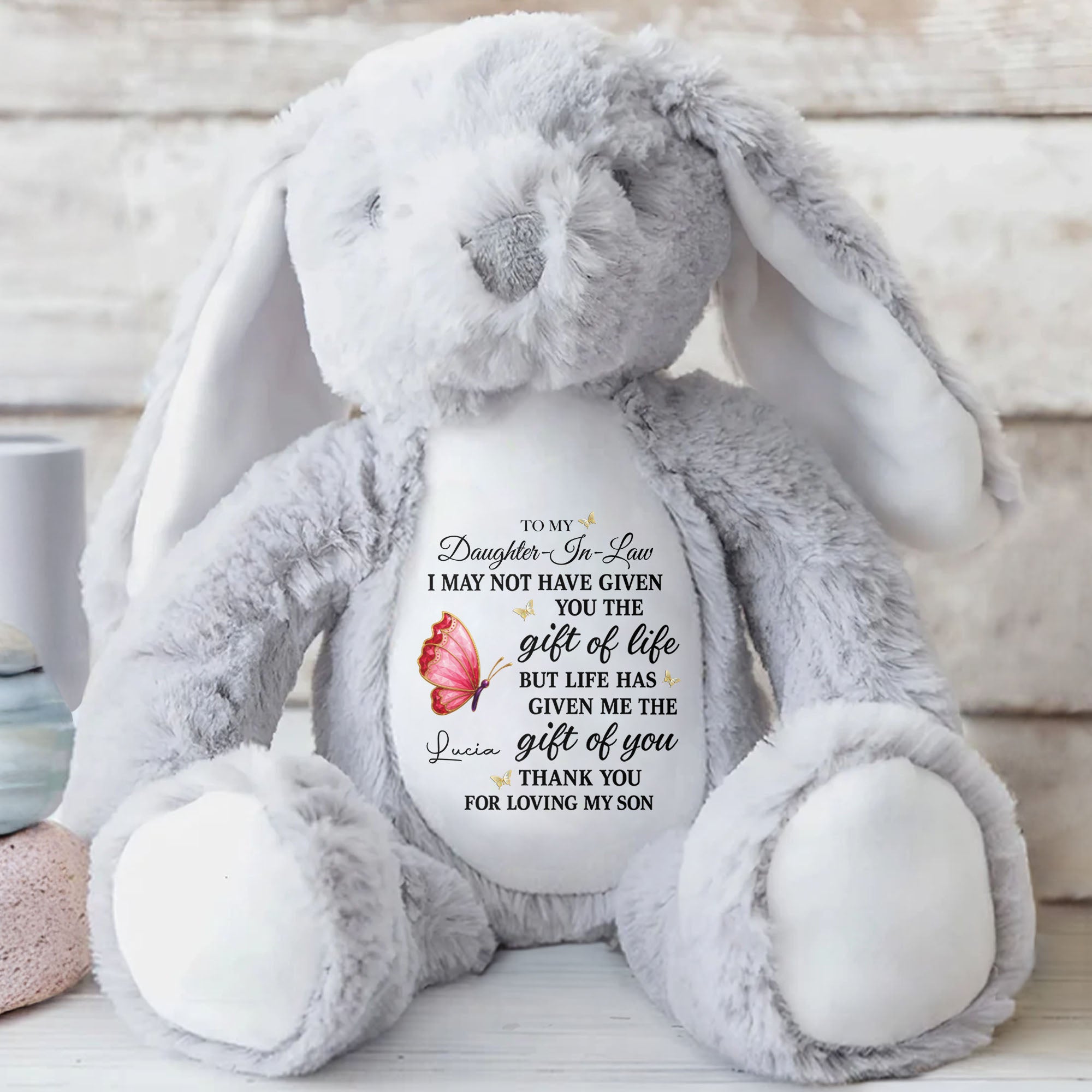 Personalized Stuffed Bunny Gift for Daughter-in-Law with Butterfly Stuffed Bunny GradoCreations