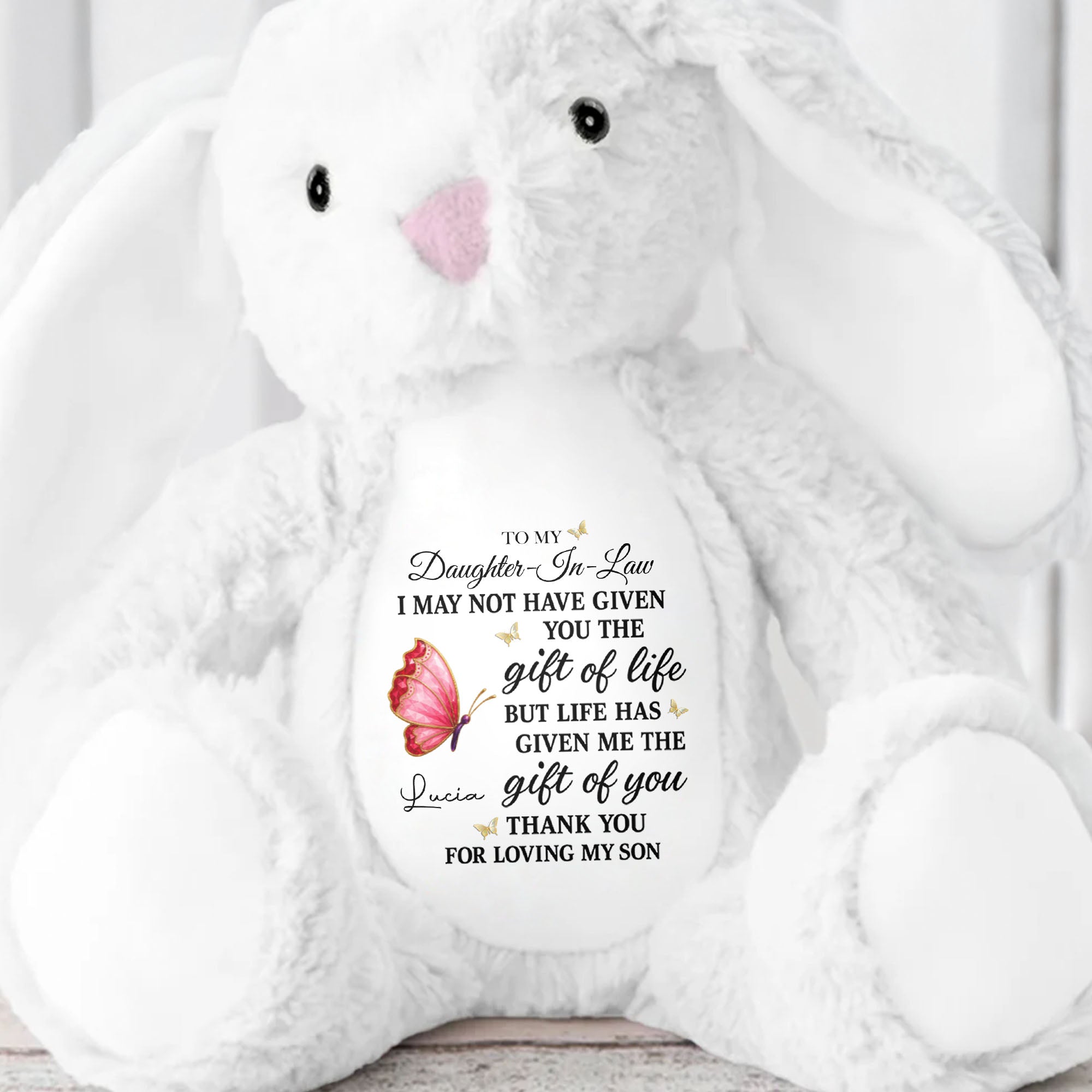 Personalized Stuffed Bunny Gift for Daughter-in-Law with Butterfly Stuffed Bunny GradoCreations
