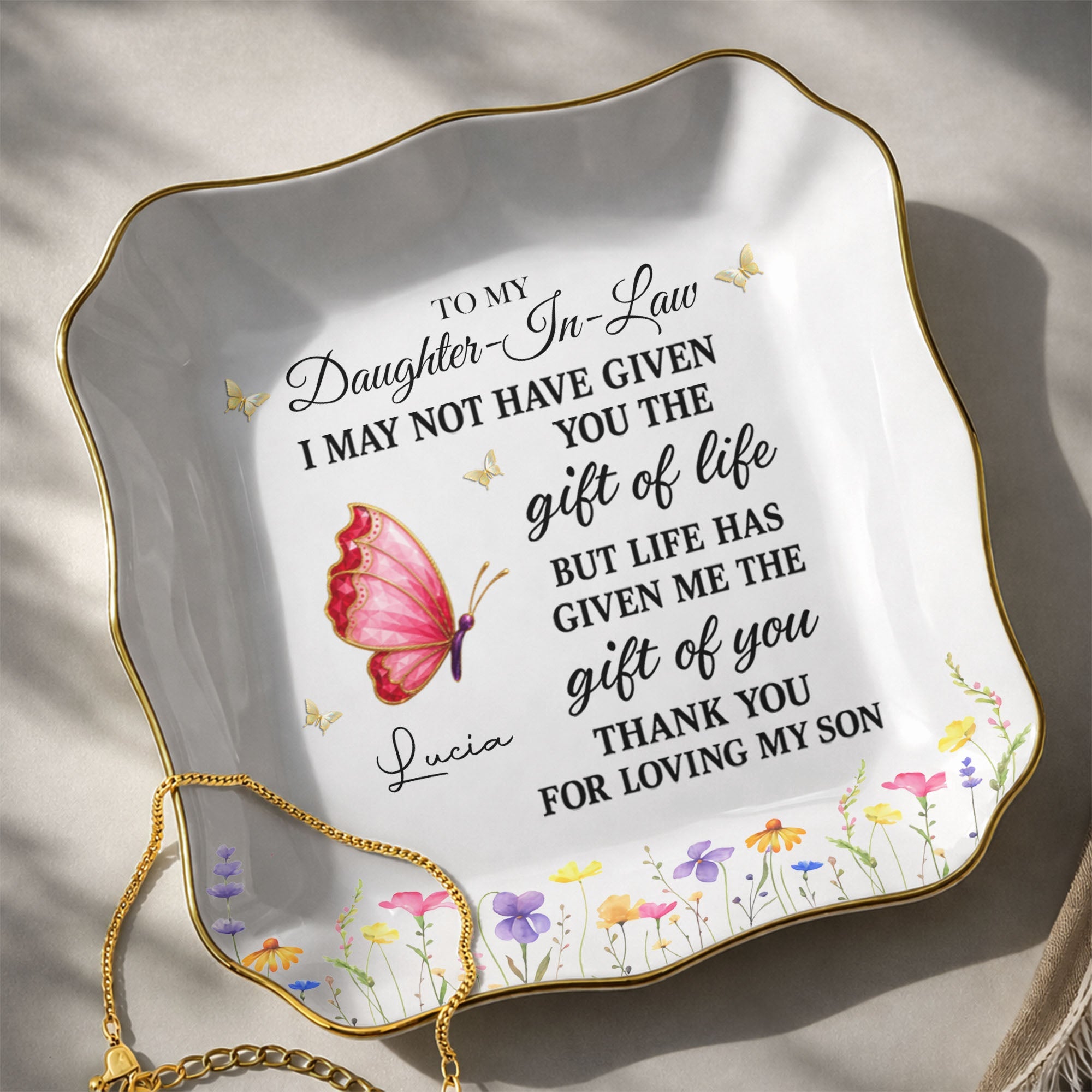 Personalized Lace Square Jewelry Dish Custom Name Gift for Daughter-in-Law Lace Square Jewelry Dish GradoCreations