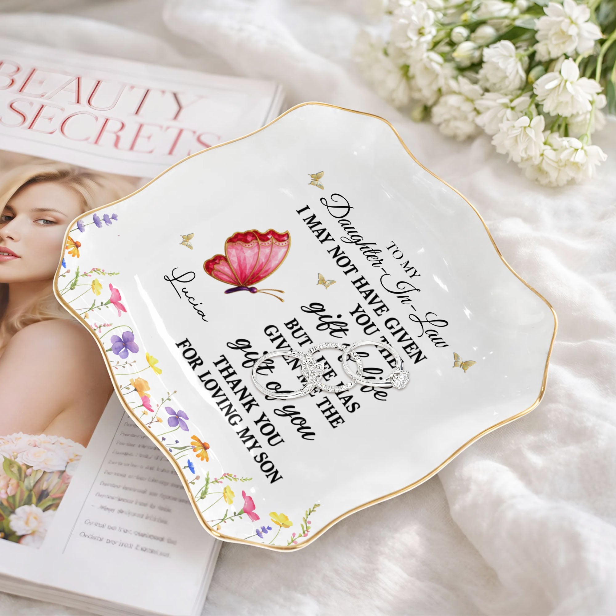 Personalized Lace Square Jewelry Dish Custom Name Gift for Daughter-in-Law Lace Square Jewelry Dish GradoCreations
