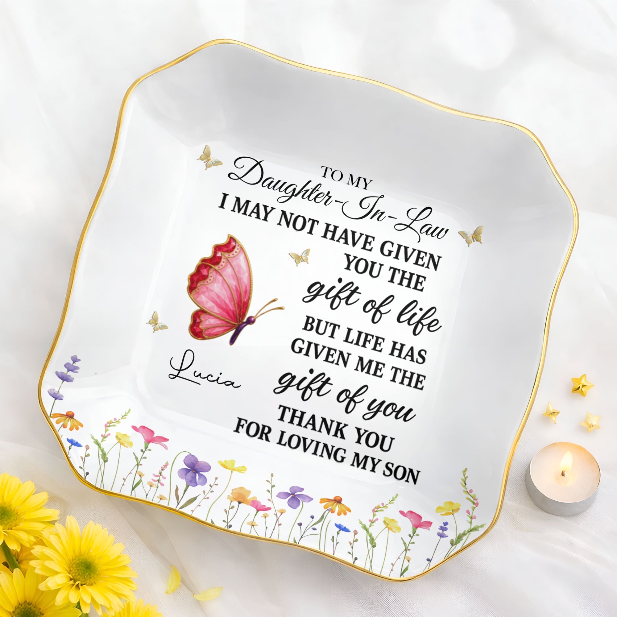 Personalized Lace Square Jewelry Dish Custom Name Gift for Daughter-in-Law Lace Square Jewelry Dish GradoCreations