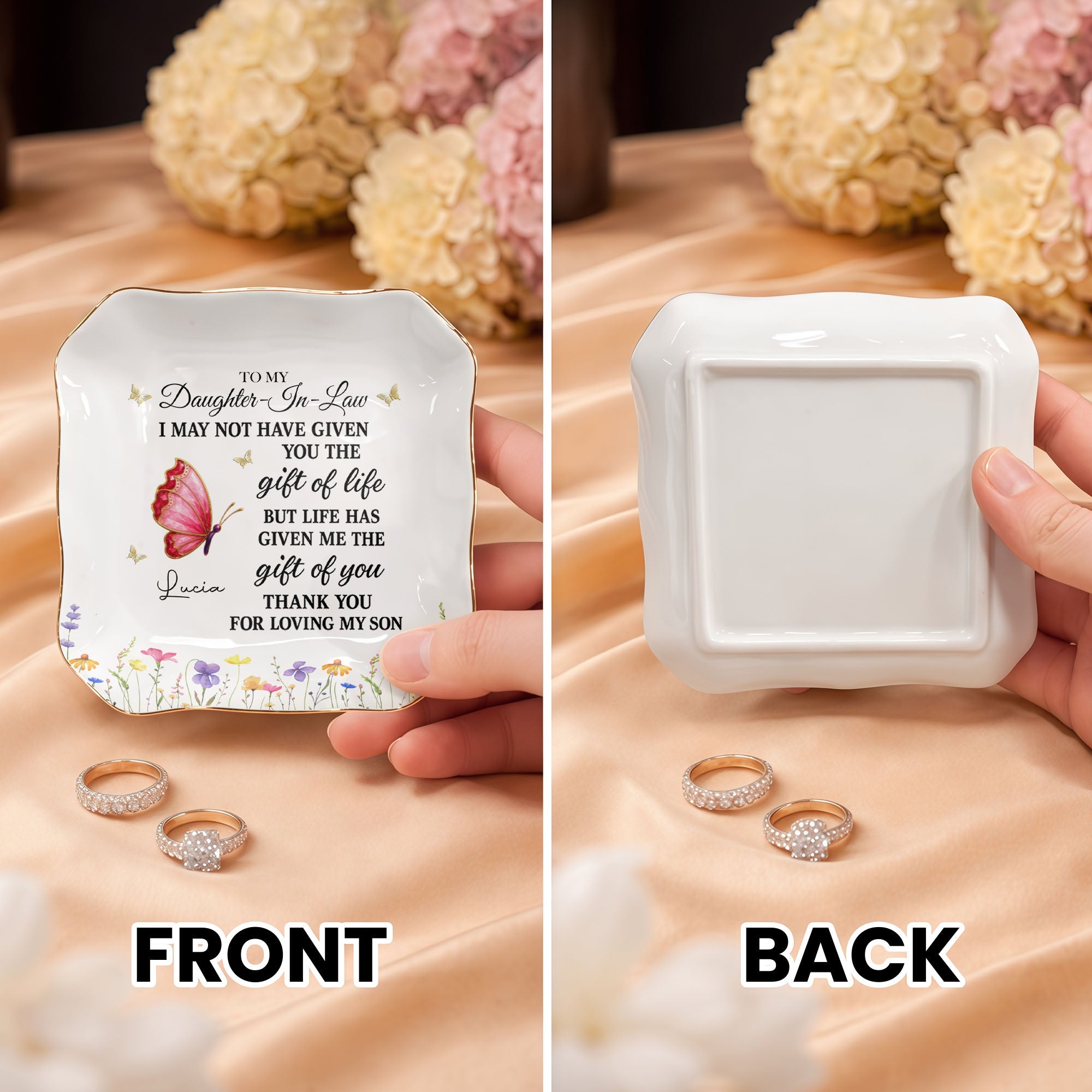 Personalized Lace Square Jewelry Dish Custom Name Gift for Daughter-in-Law Lace Square Jewelry Dish GradoCreations