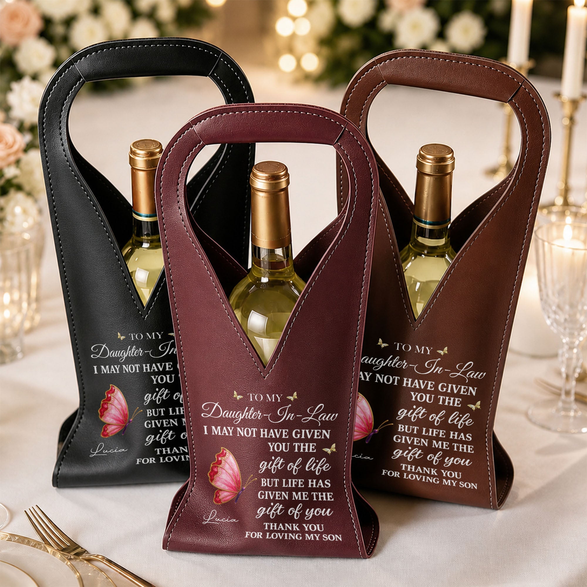 Personalized Leather Wine Bag Custom Name Gift for Daughter-in-Law Leather Wine Bag GradoCreations
