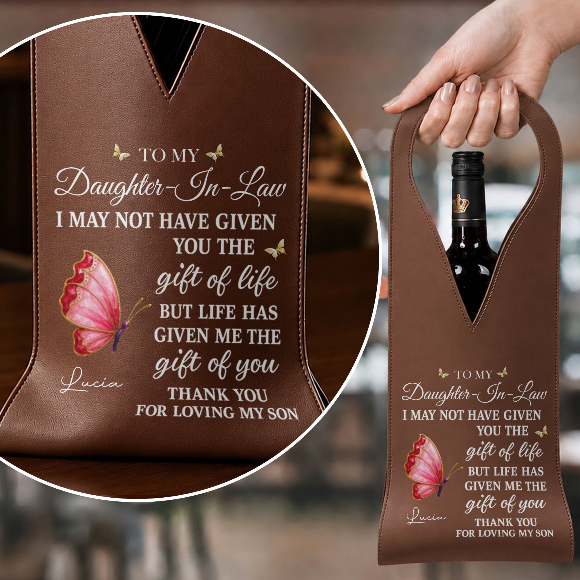 Personalized Leather Wine Bag Custom Name Gift for Daughter-in-Law Leather Wine Bag GradoCreations