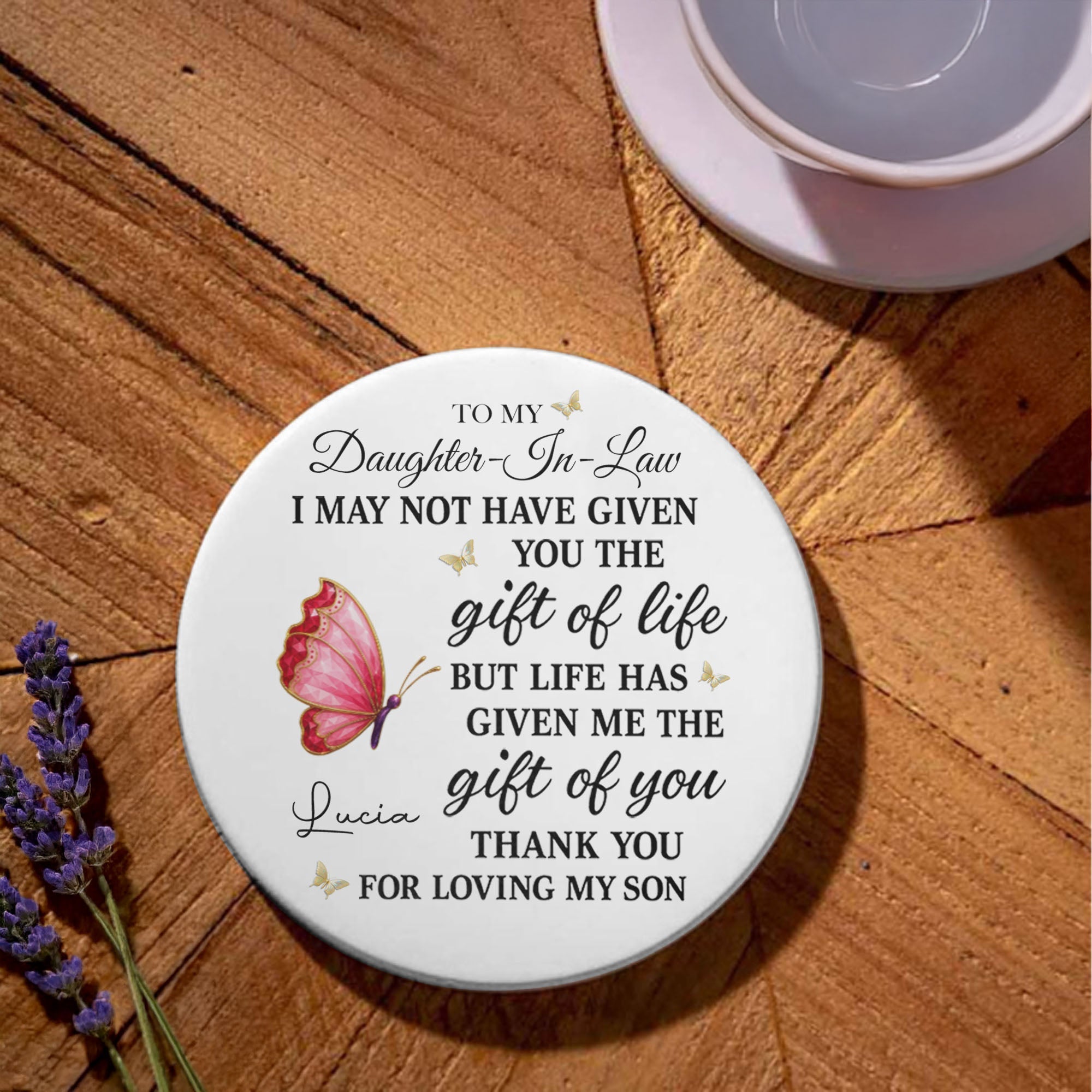 Personalized Butterfly Ceramic Coaster Custom Gift for Daughter-in-Law Ceramic Coaster GradoCreations