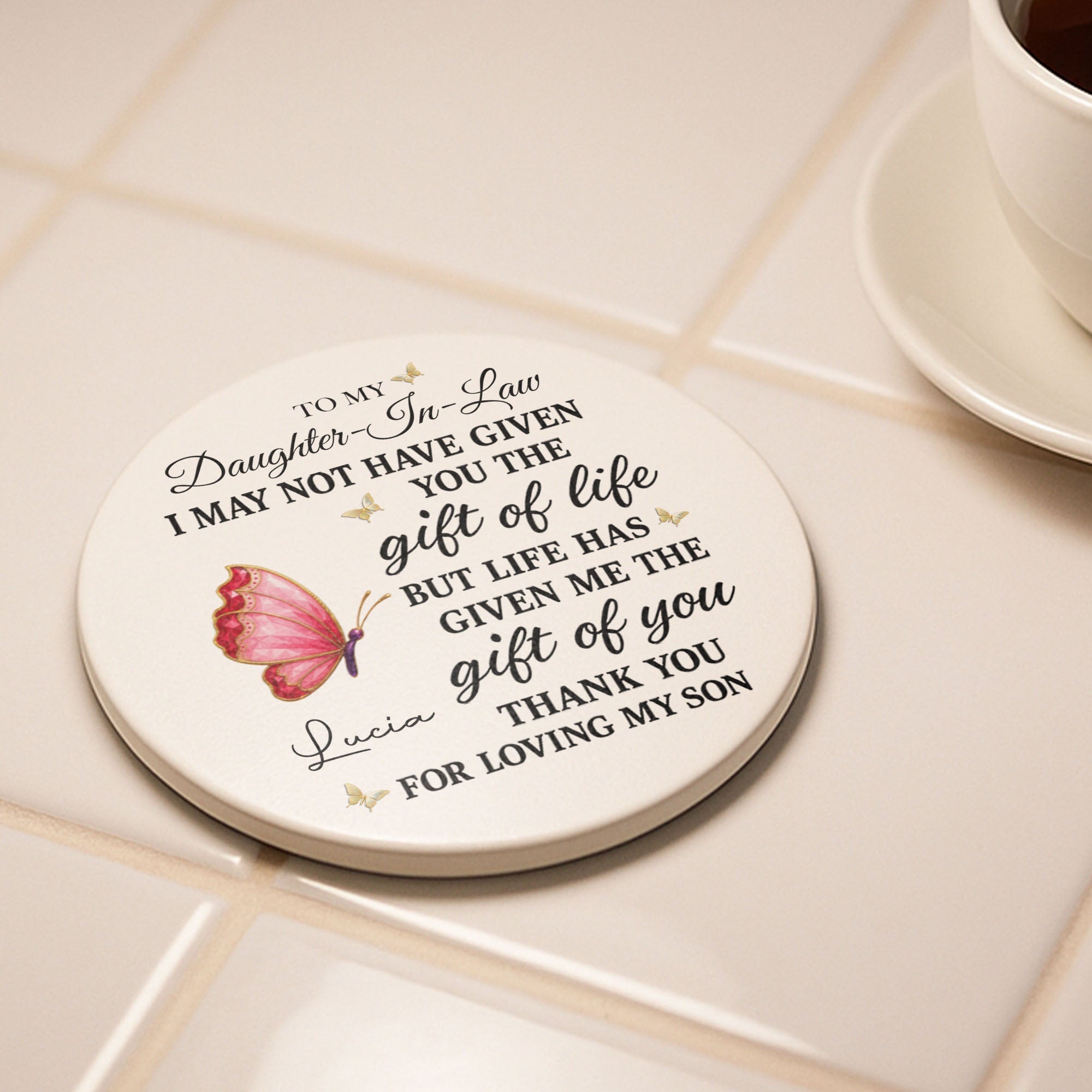Personalized Butterfly Ceramic Coaster Custom Gift for Daughter-in-Law Ceramic Coaster GradoCreations