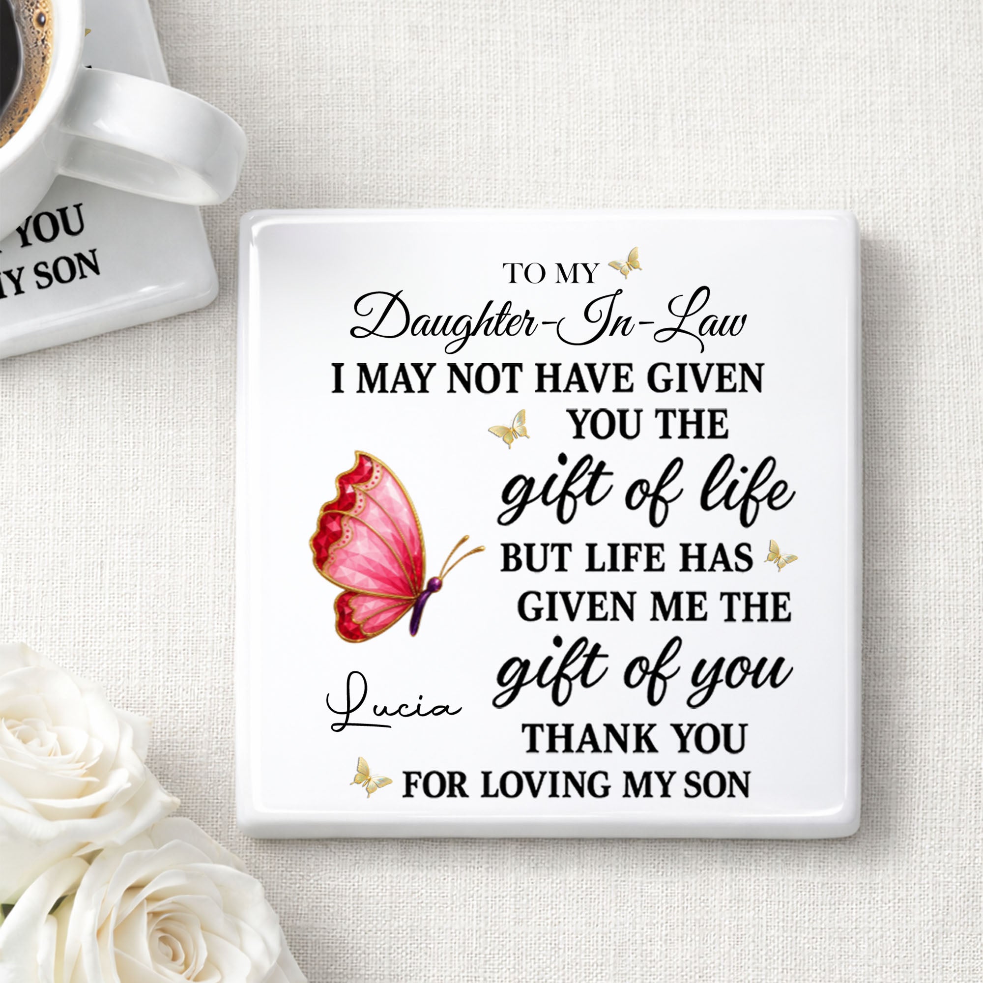 Personalized Square Ceramic Coaster Custom Gift for Daughter-in-Law Square Ceramic Coaster GradoCreations