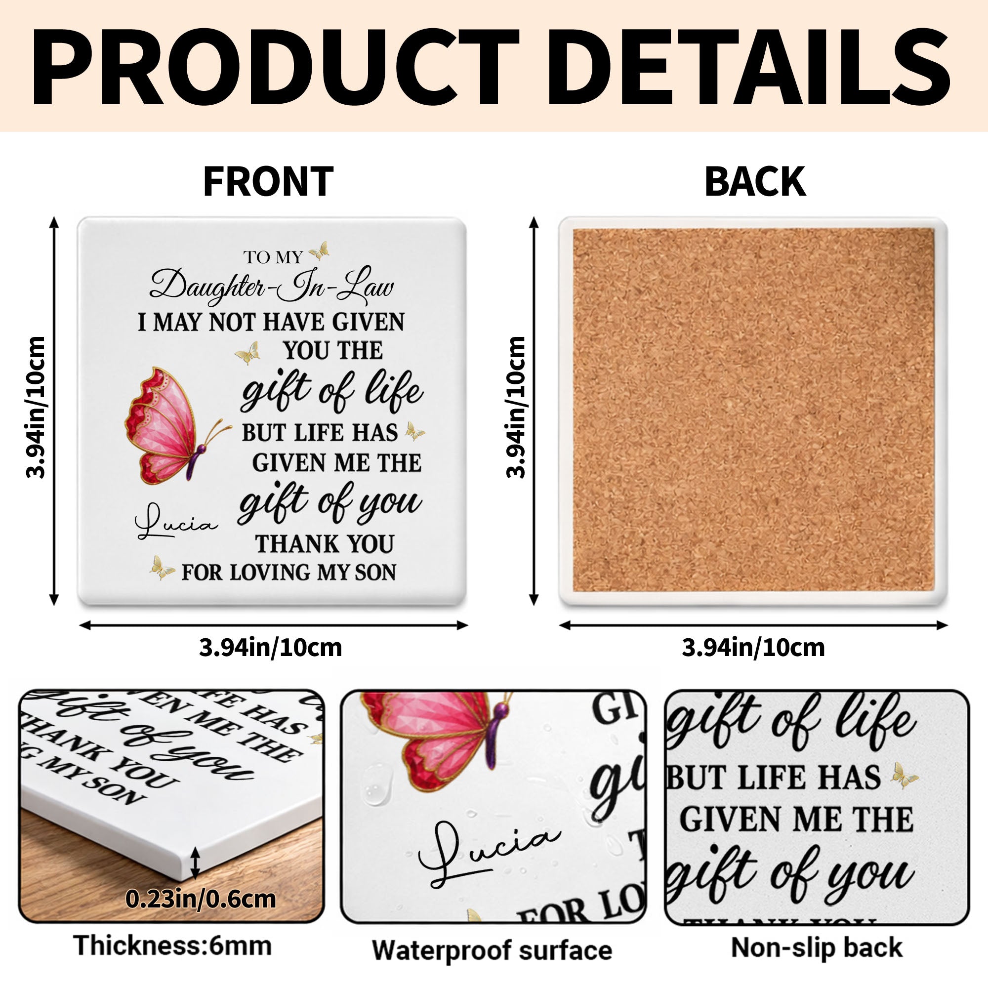 Personalized Square Ceramic Coaster Custom Gift for Daughter-in-Law Square Ceramic Coaster GradoCreations