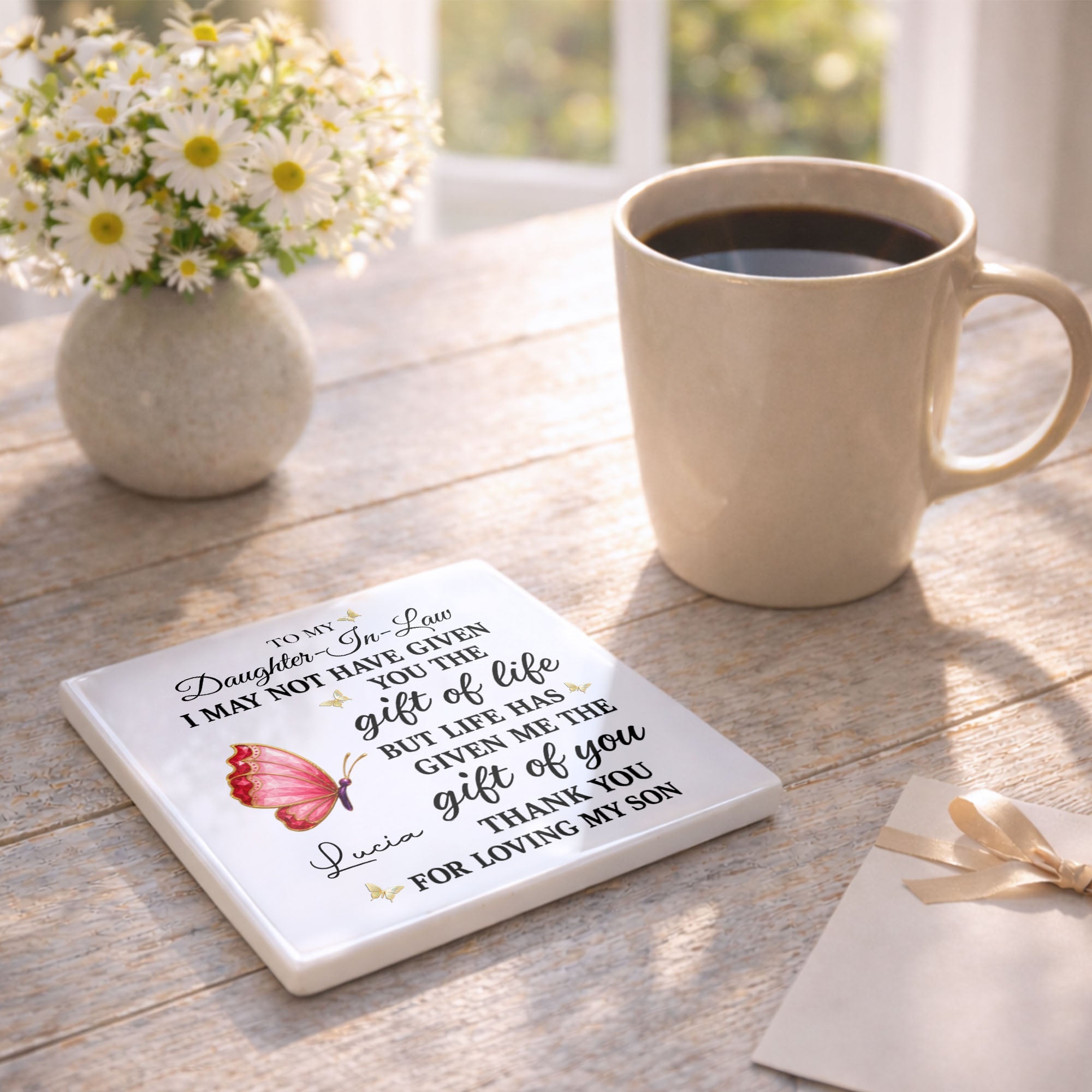 Personalized Square Ceramic Coaster Custom Gift for Daughter-in-Law Square Ceramic Coaster GradoCreations