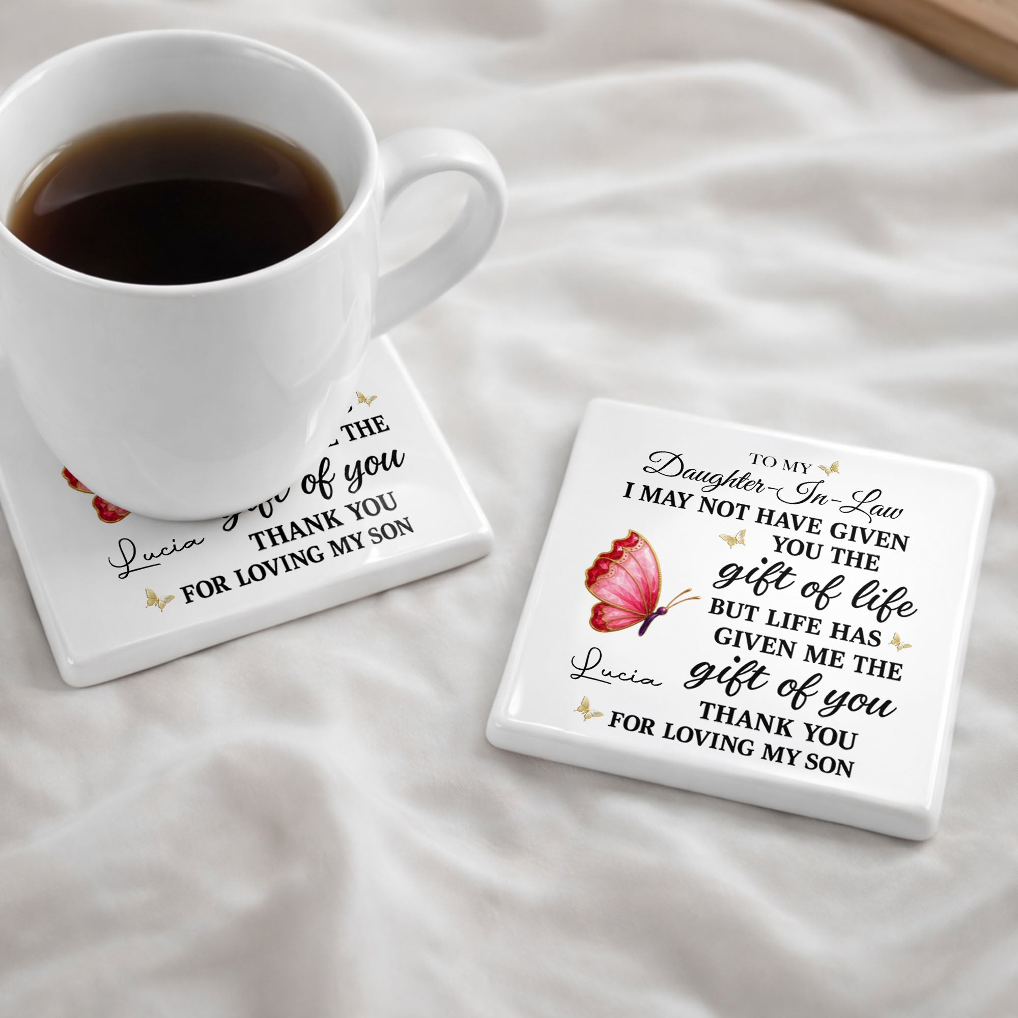 Personalized Square Ceramic Coaster Custom Gift for Daughter-in-Law Square Ceramic Coaster GradoCreations